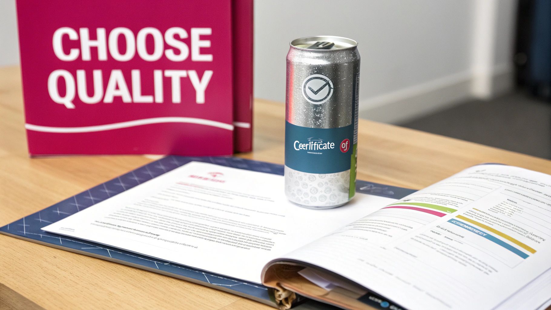 A silver can labeled 'Ceerlificate of' next to documents and a 'Choose Quality' box.