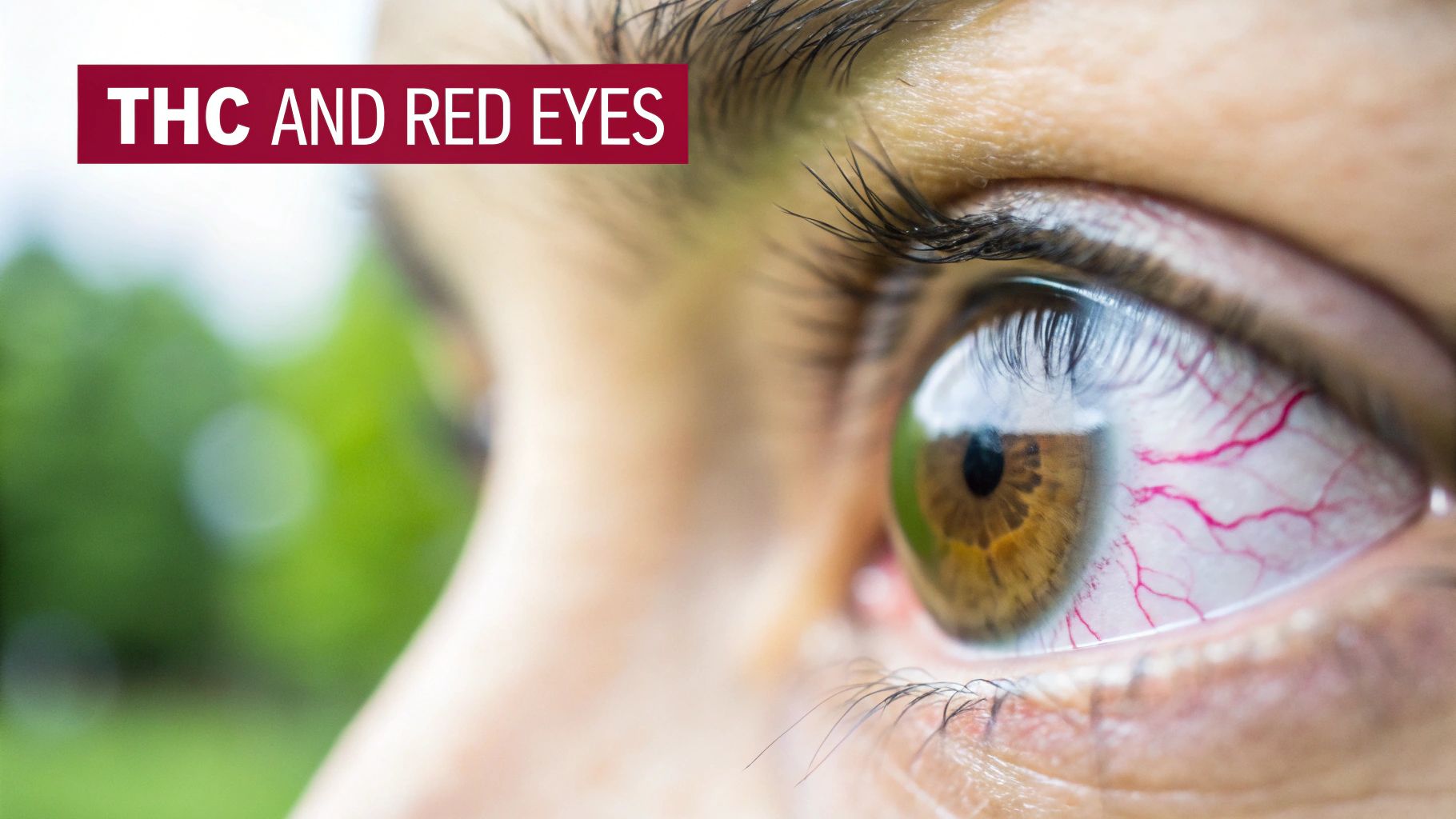 A close-up image showing a person's red, bloodshot eye with the text "THC AND RED EYES".