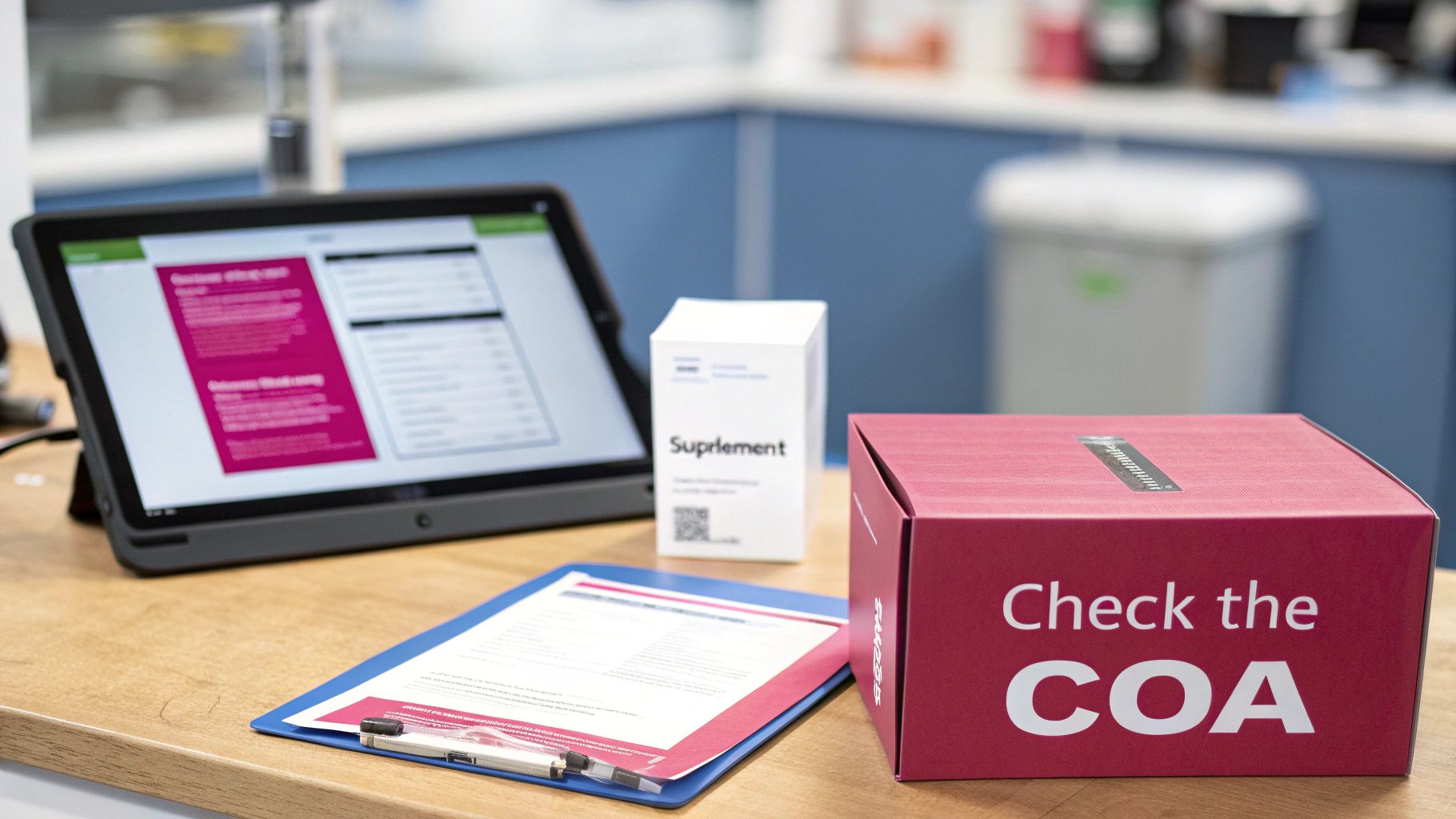 A tablet, supplement box, and 'Check the COA' box on a clean workspace, highlighting product information.