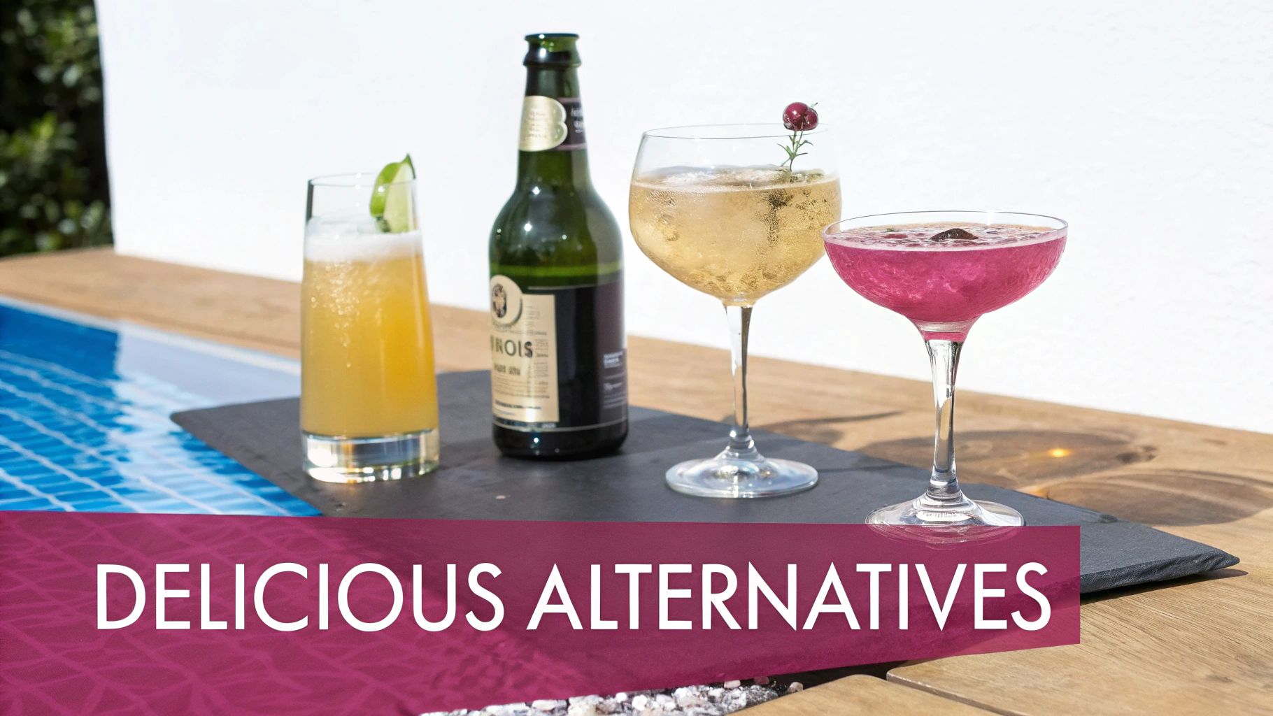 Three refreshing non-alcoholic drinks and a bottle served on a tray by a sparkling blue swimming pool.