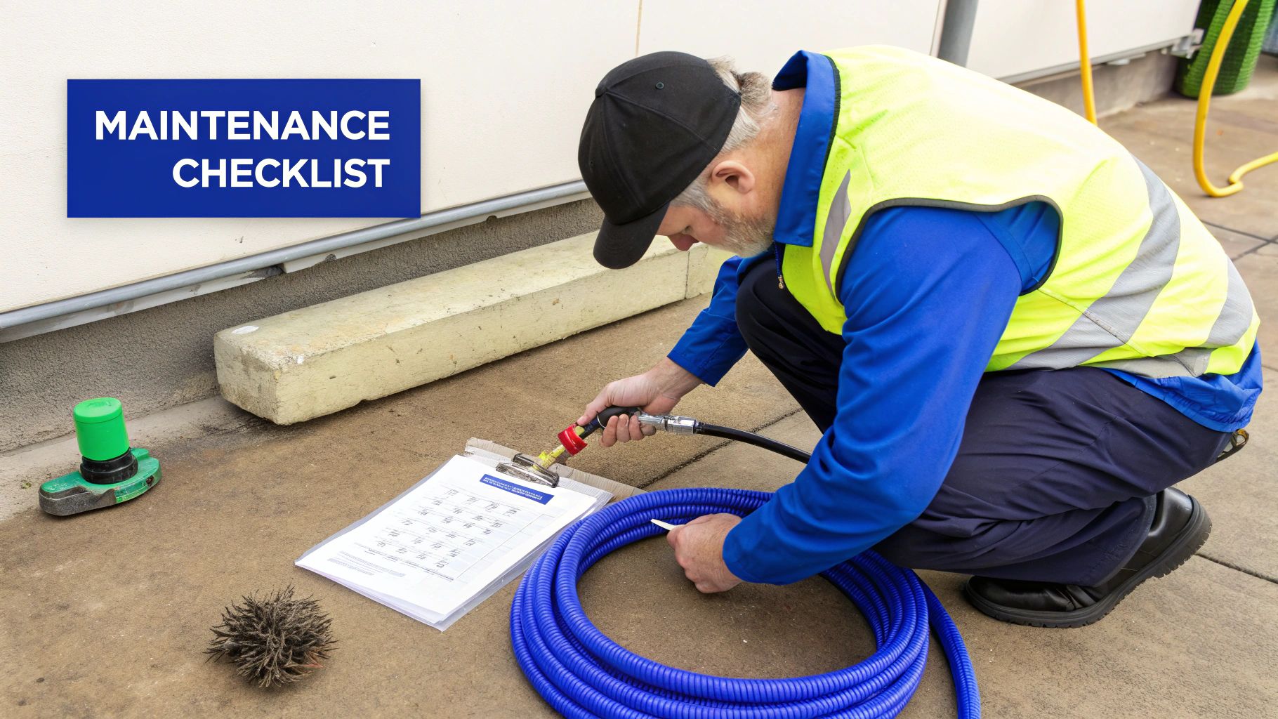 A worker in a high-visibility vest inspects a jetter hose and checklist during outdoor maintenance.
