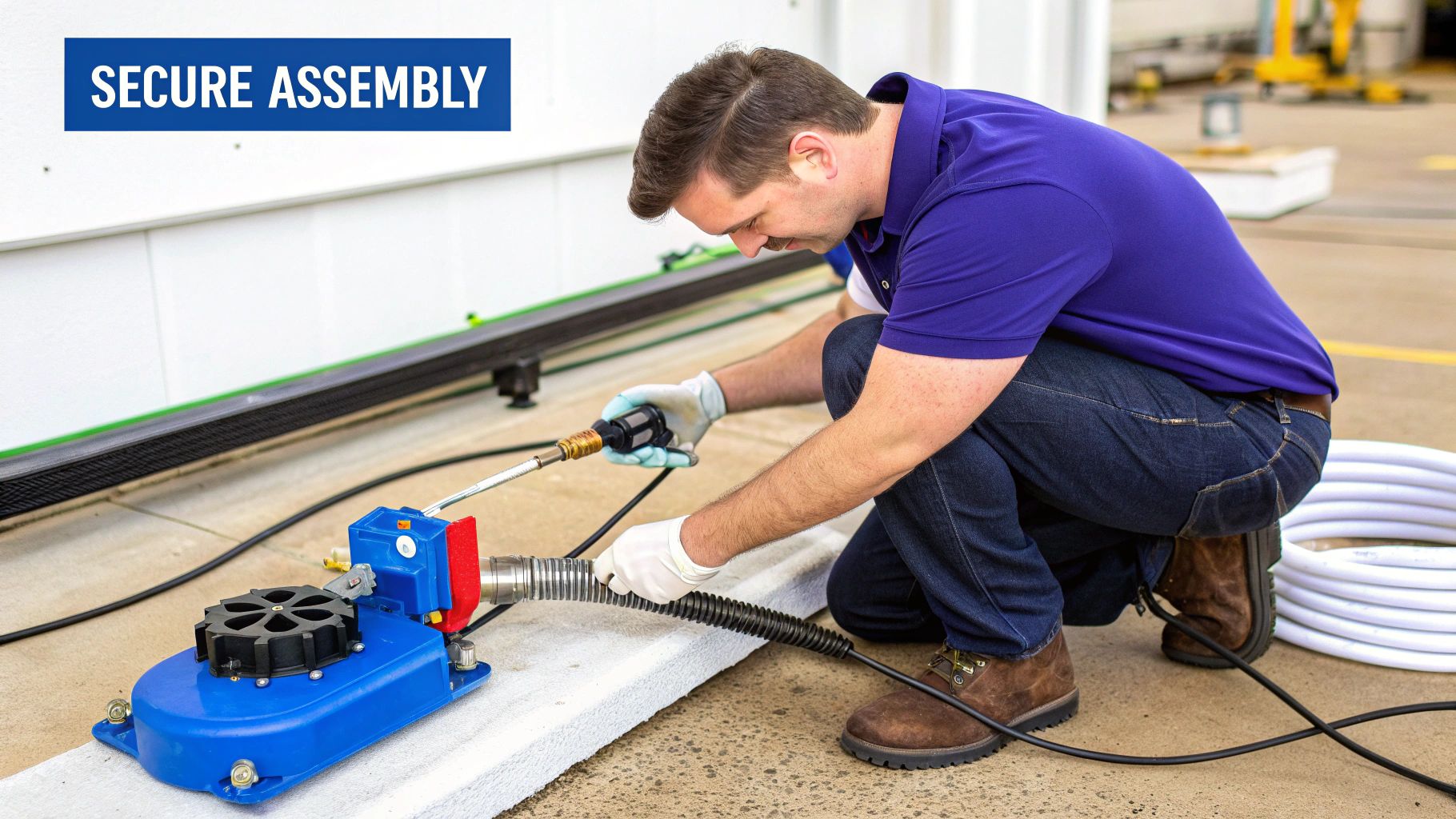 A man in gloves is crouched, working on securing a hose connection with a blue tool.