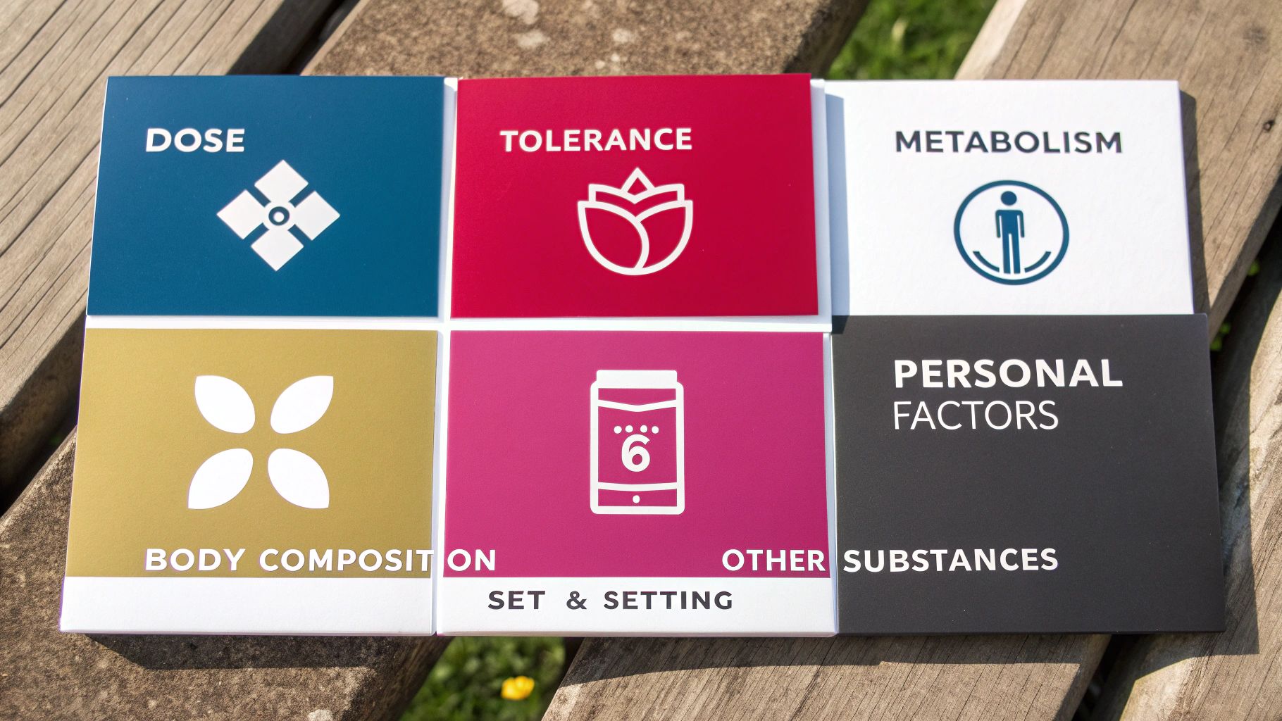 Six colorful cards display factors influencing drug effects, including dose, tolerance, and metabolism.