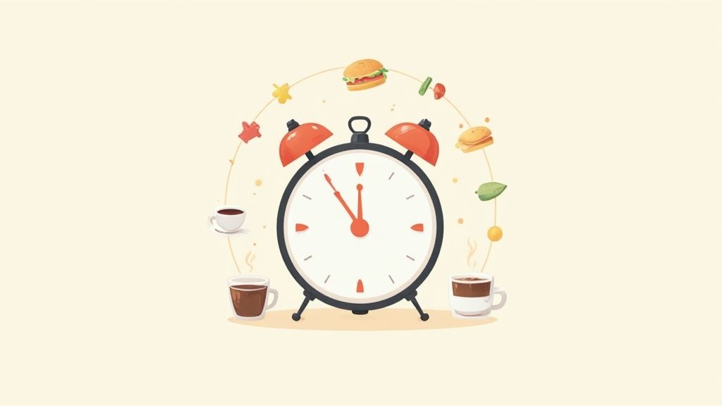 an illustration with a clock in the center and food surrounding it