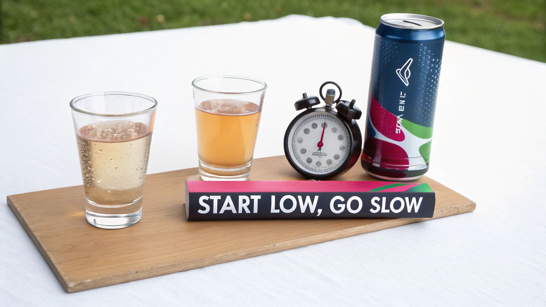 Two glasses of beverages, an alarm clock, and a branded can on a tray next to a 'Start Low, Go Slow' box.
