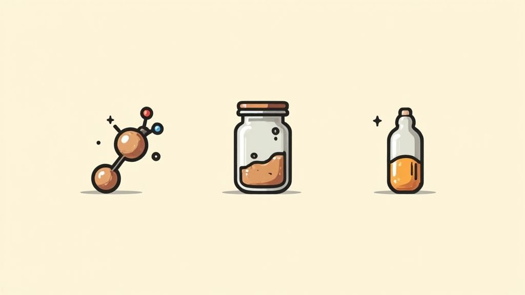 an illustration of a molecule and two bottles with orange liquid inside
