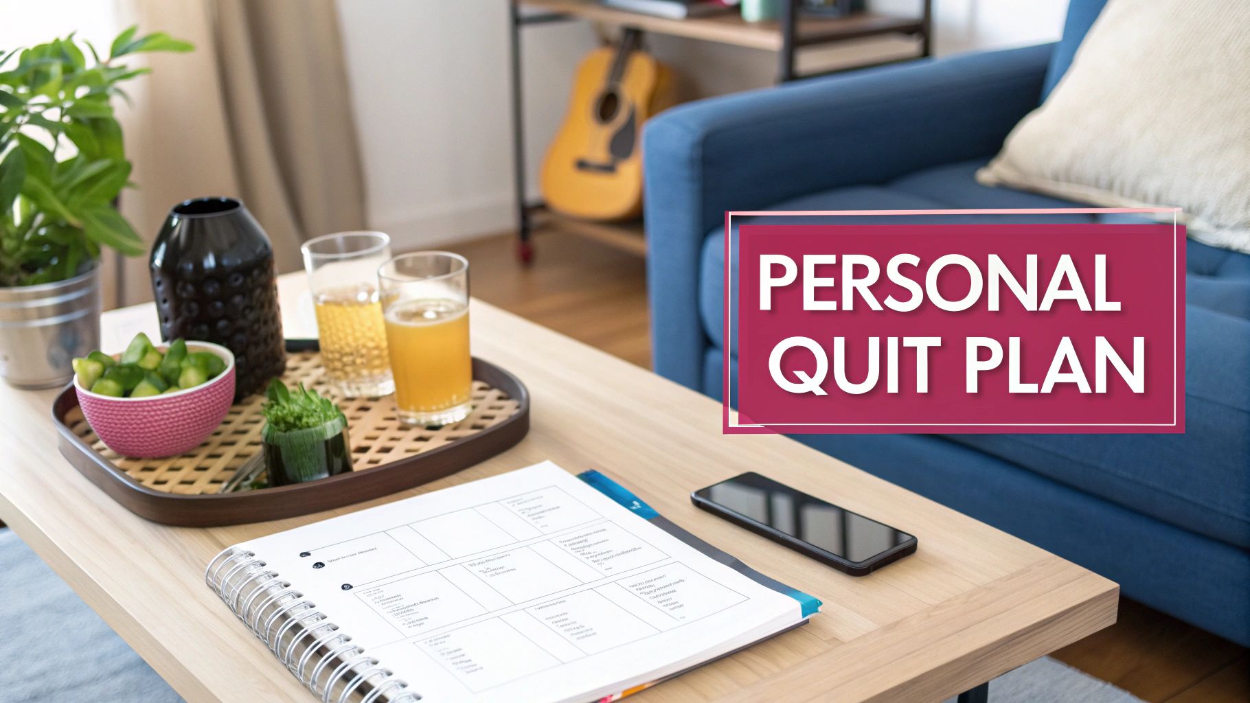 A document titled "Personal Quit Plan" on a coffee table with snacks, drinks, and a phone.