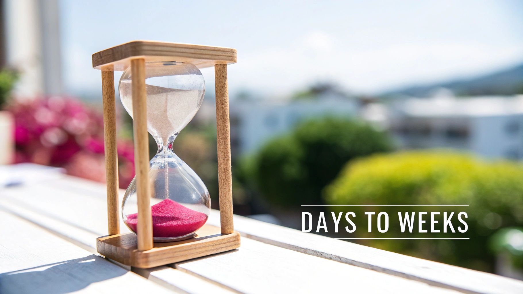 An hourglass with pink sand on a white wooden table outdoors, with text 'DAYS TO WEEKS'.