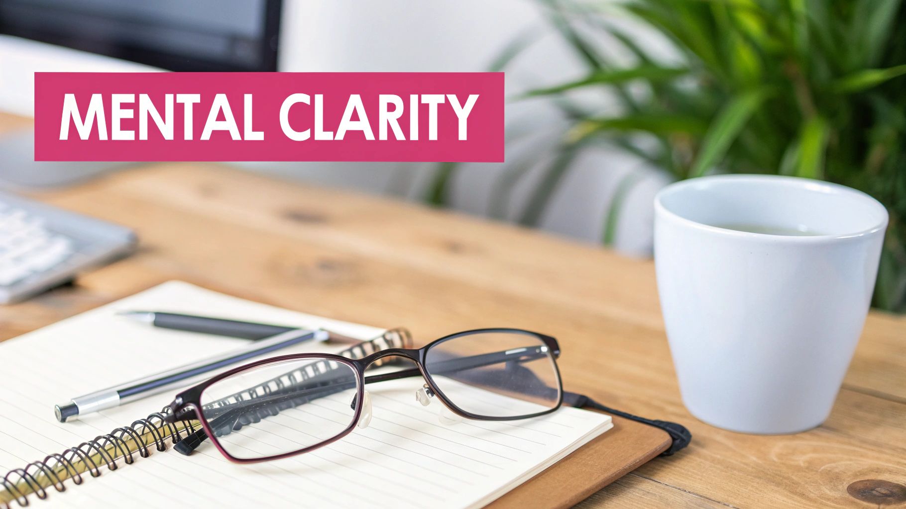 Workspace with a notebook, pens, reading glasses, and a white mug, featuring a 'Mental Clarity' banner.