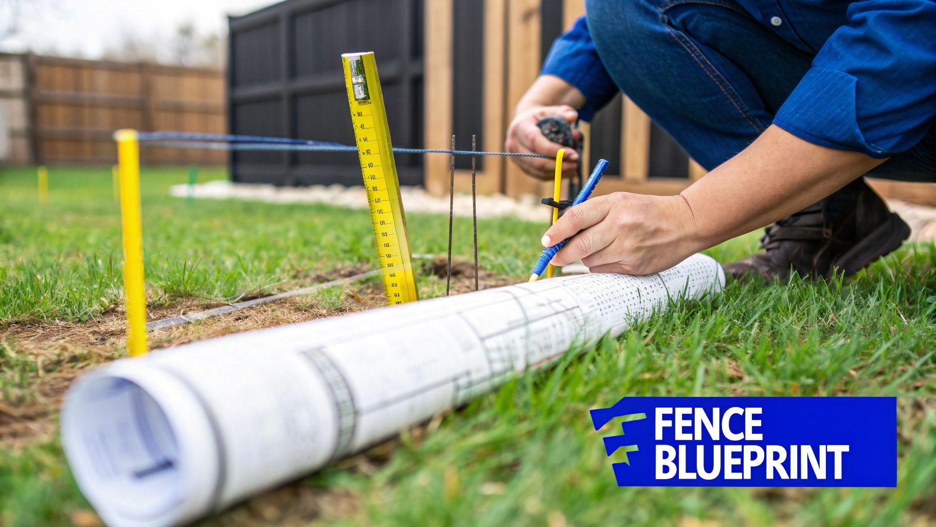 A person marks a rolled fence blueprint on grass next to stakes and a measuring stick.