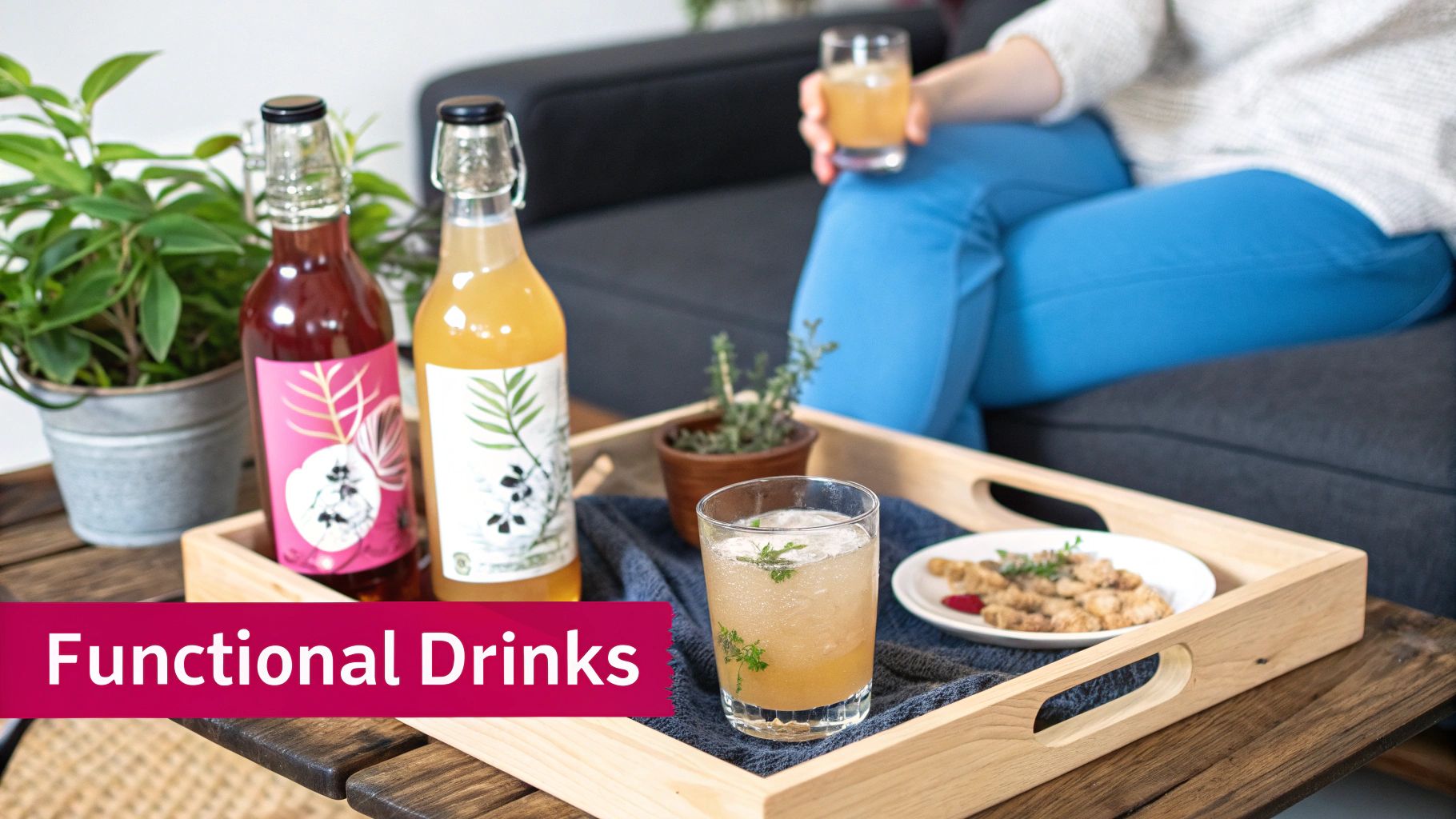 Two bottles of functional drinks and a glass on a tray with snacks, a person relaxes.