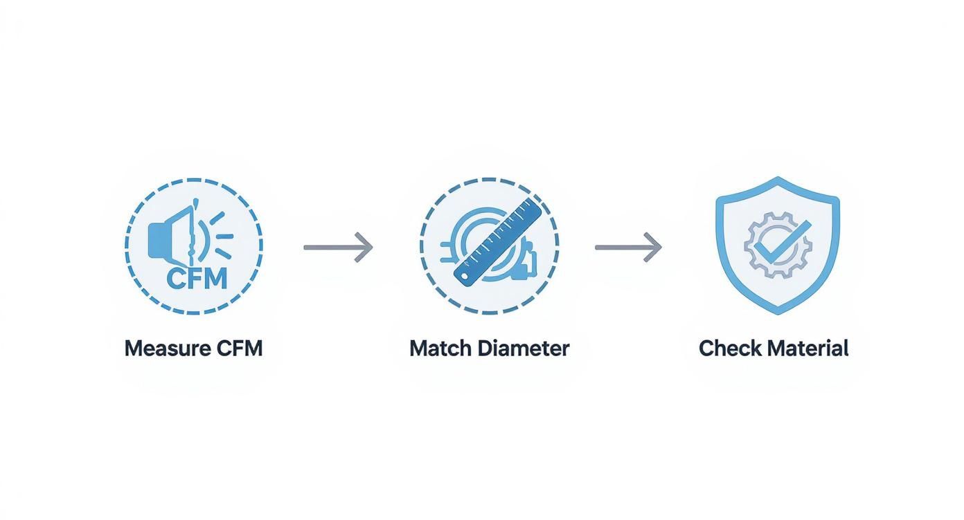 Three-step process diagram showing measure CFM, match diameter, and check material for shop vac hoses
