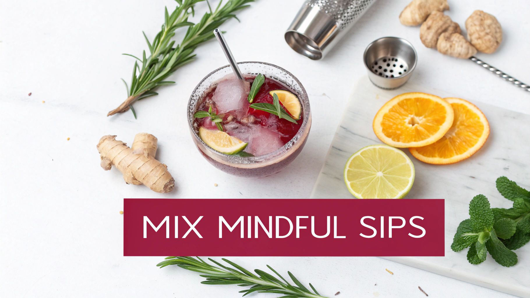 A vibrant red zero-proof drink with ice, lime, and mint, surrounded by fresh ginger, orange, and rosemary.