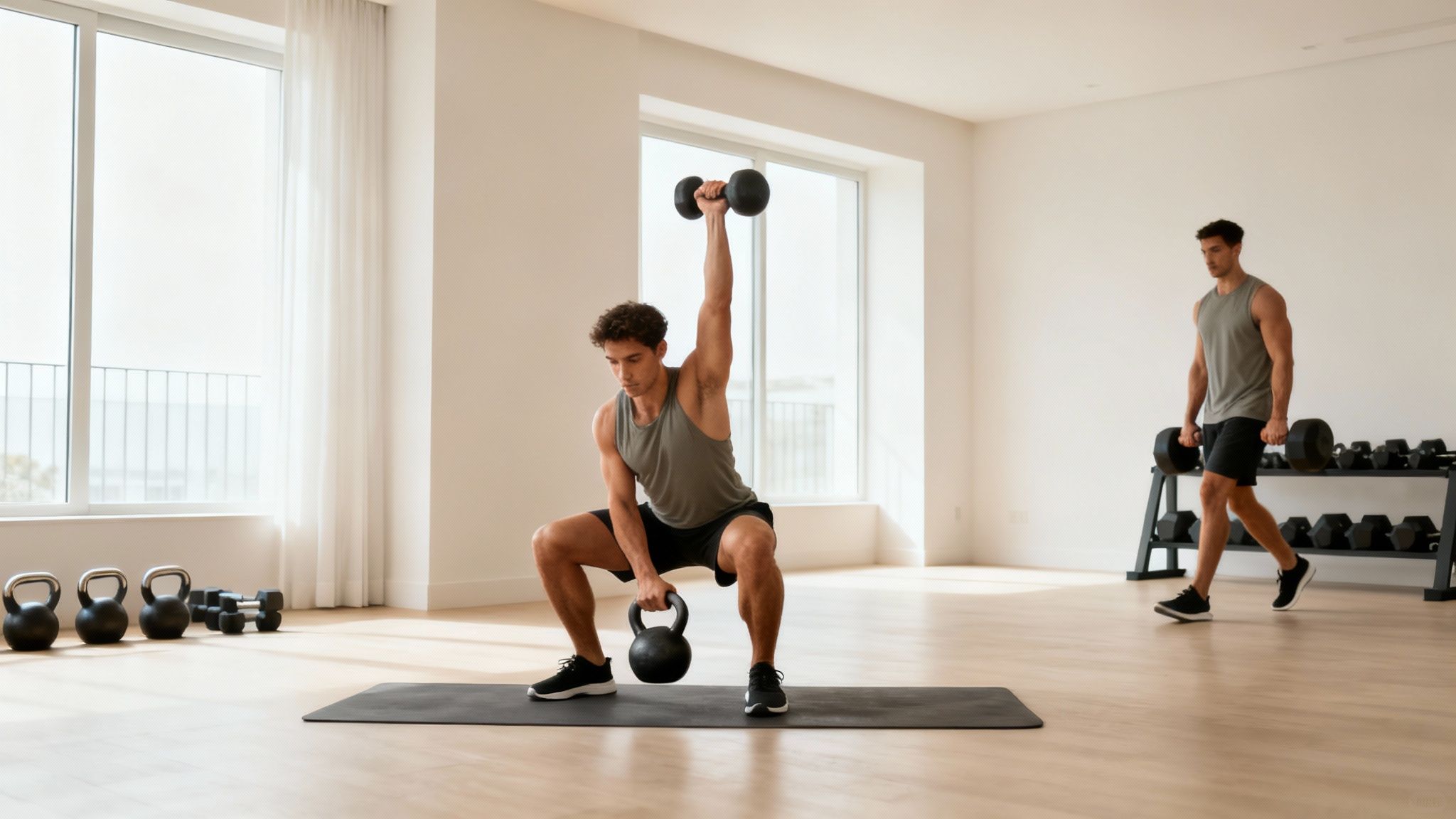A person performing a kettlebell swing with proper form