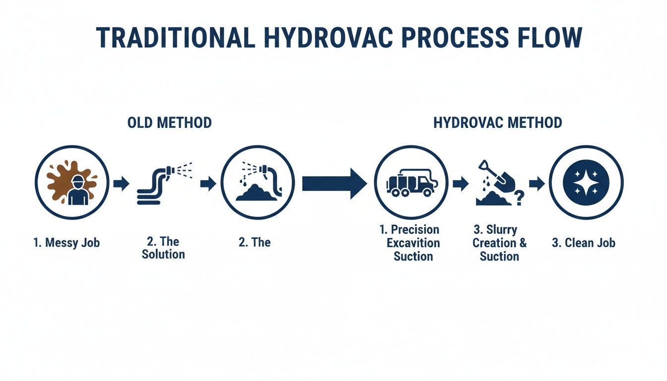 A process flow diagram comparing messy traditional excavation with a clean hydrovac suction method.