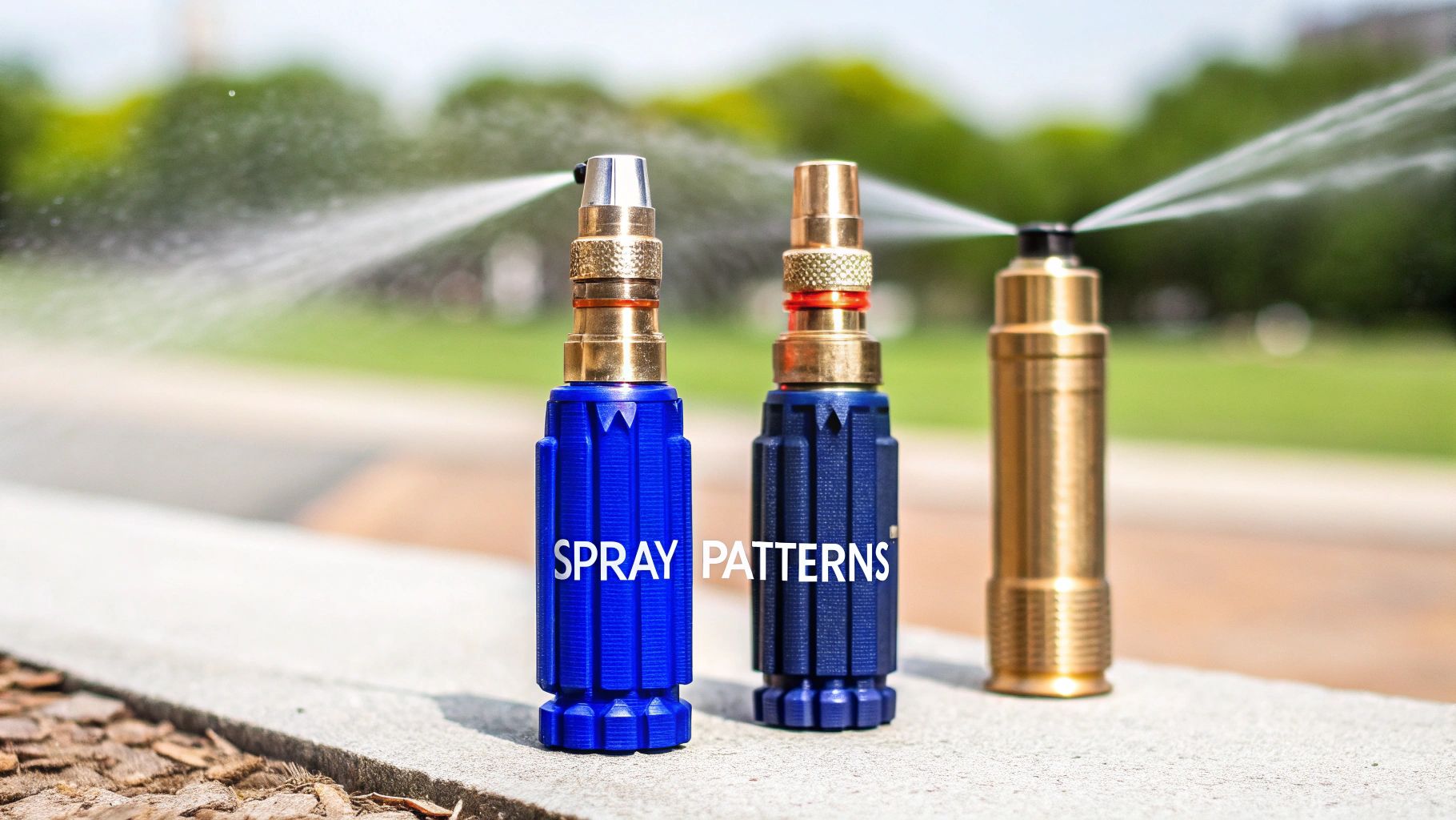 Three water nozzles demonstrating various spray patterns on a sunny day in a park.