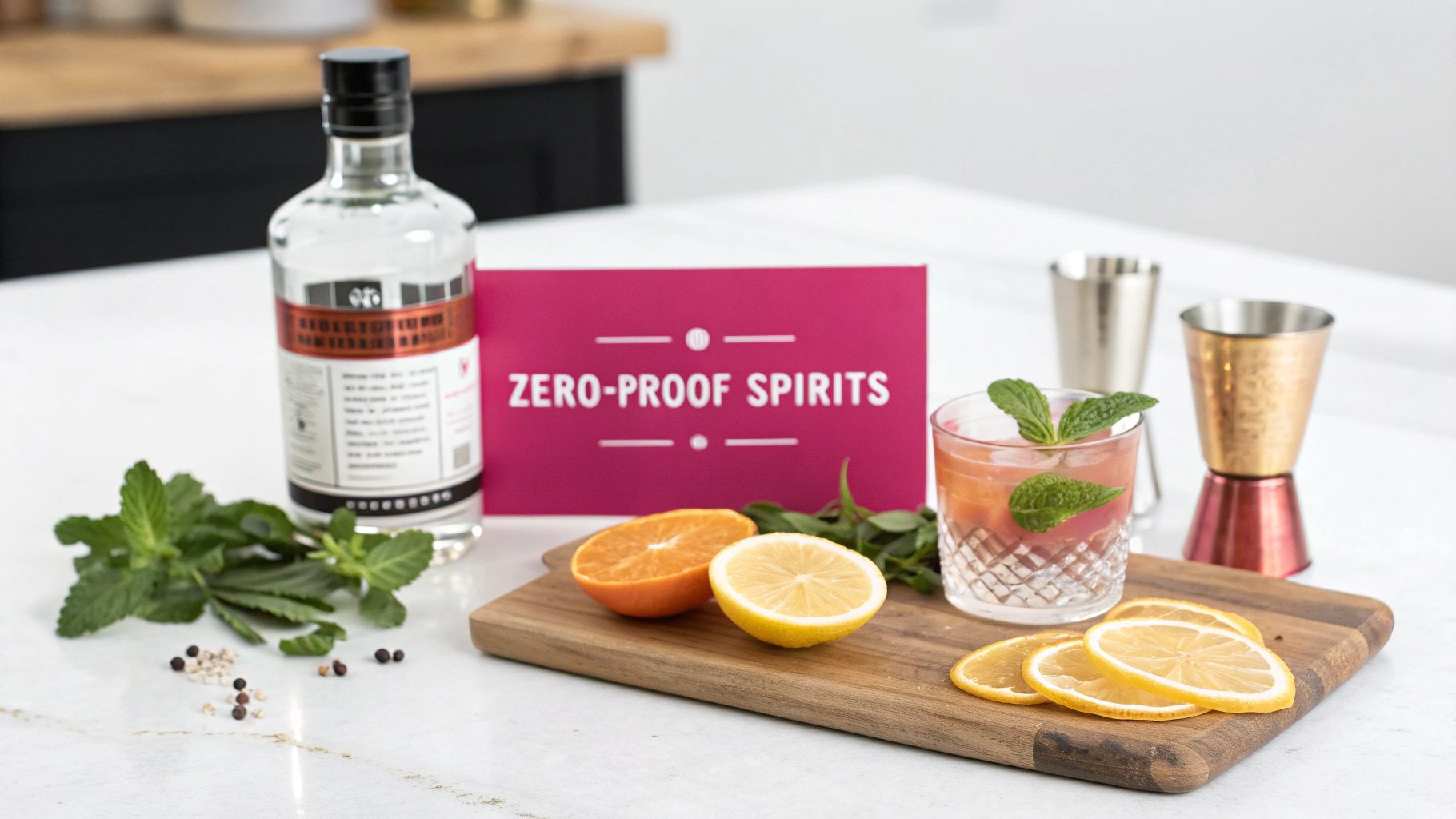 A bottle of zero-proof spirits, a vibrant non-alcoholic cocktail, fresh mint, and citrus fruits on a marble countertop.