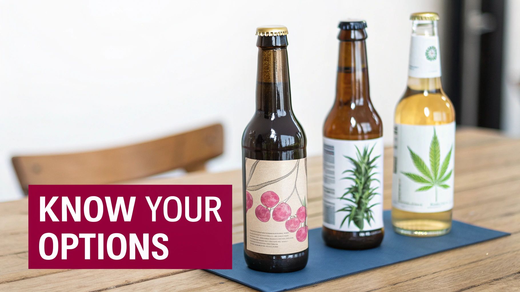 Three bottled non-alcoholic beverages with fruit and cannabis labels on a wooden table, emphasizing choices.
