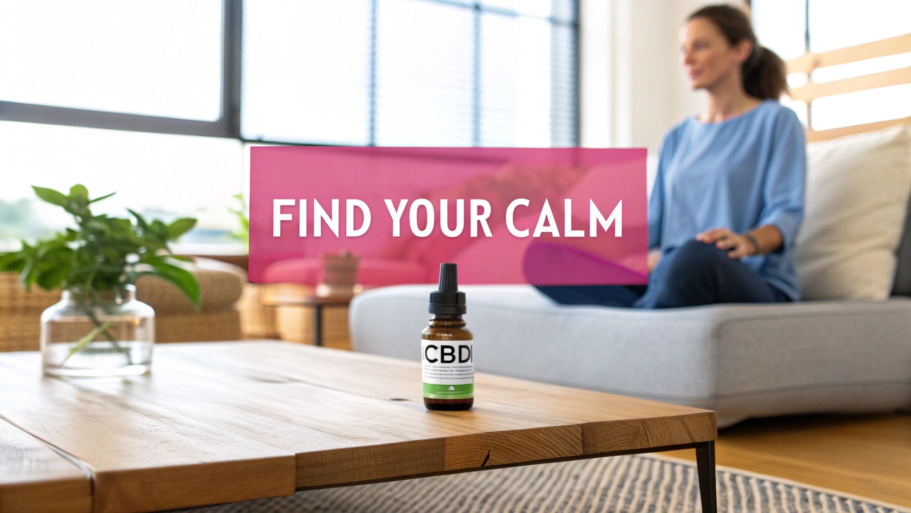 CBD oil bottle on table, woman relaxing on sofa, 'FIND YOUR CALM' message.