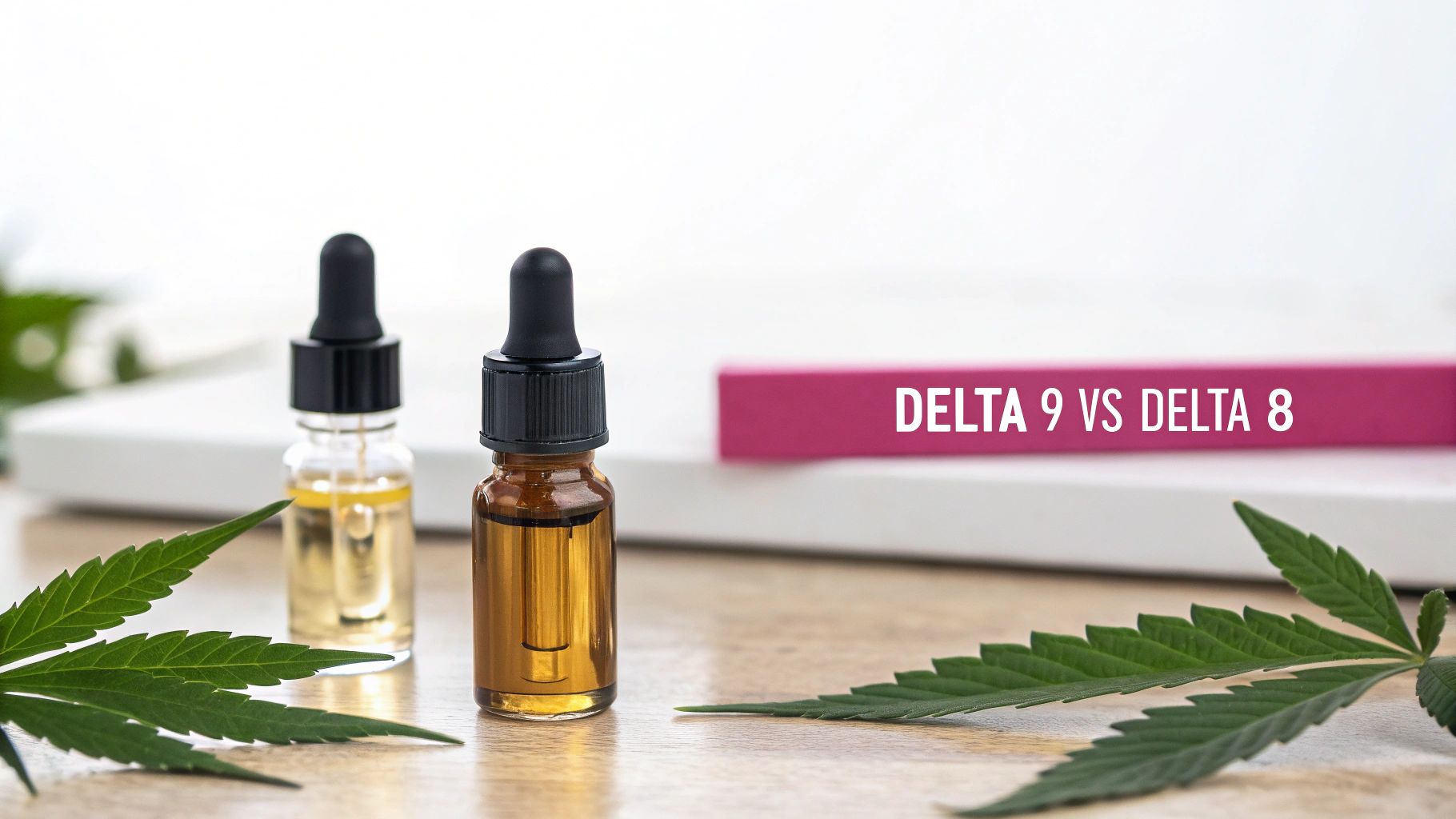 Two dropper bottles of cannabis oil, green leaves, and a sign displaying 'DELTA 9 VS DELTA 8'.