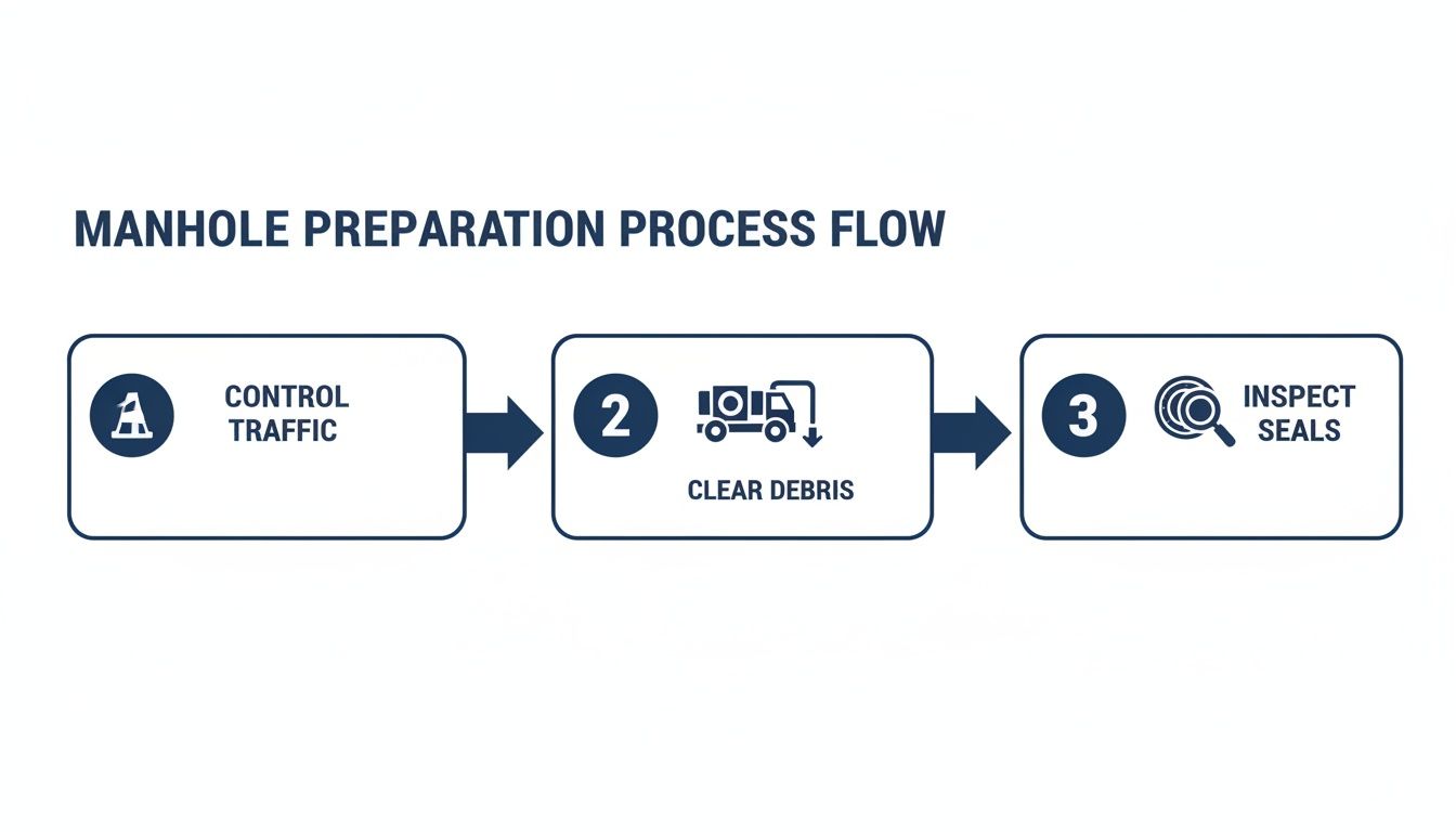 A three-step process flow for manhole preparation: control traffic, clear debris, and inspect seals.