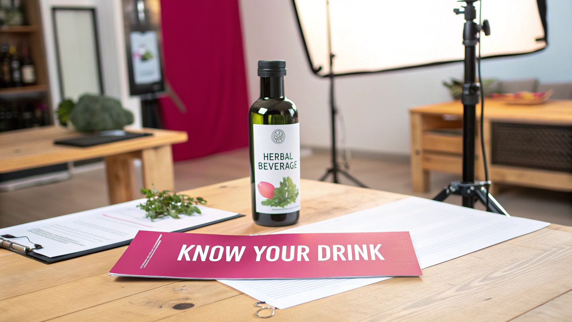 A "HERBAL BEVERAGE" bottle and a "KNOW YOUR DRINK" sign on a wooden table, possibly during a product photoshoot.