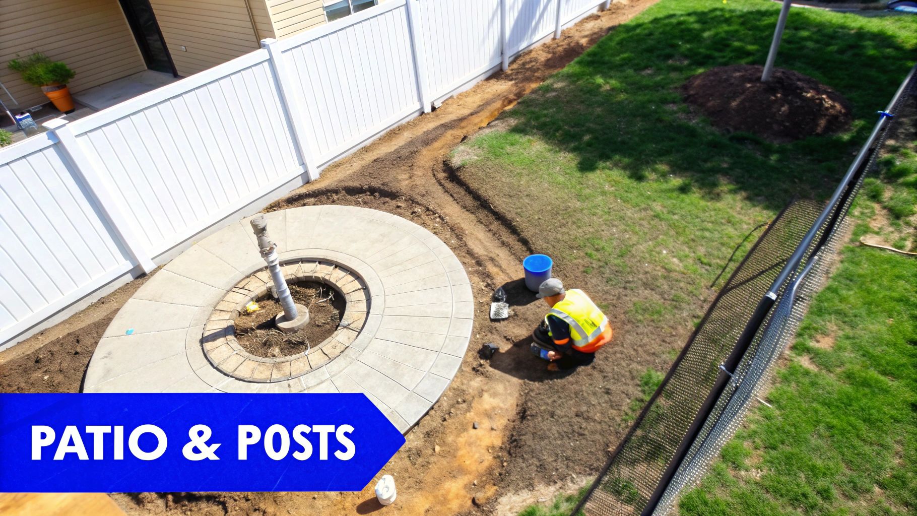 A worker installing a circular concrete patio with a central pipe, next to a white fence and dug trenches.