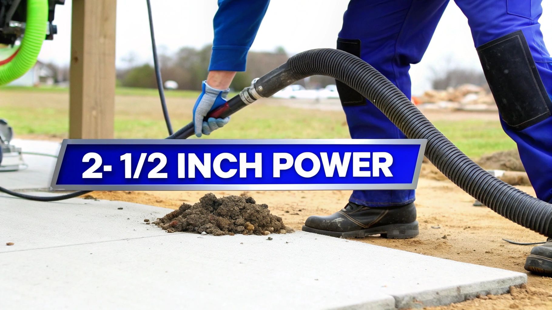 A person in work clothes uses a large industrial vacuum hose to clear a pile of dirt, labeled "2-1/2 INCH POWER."