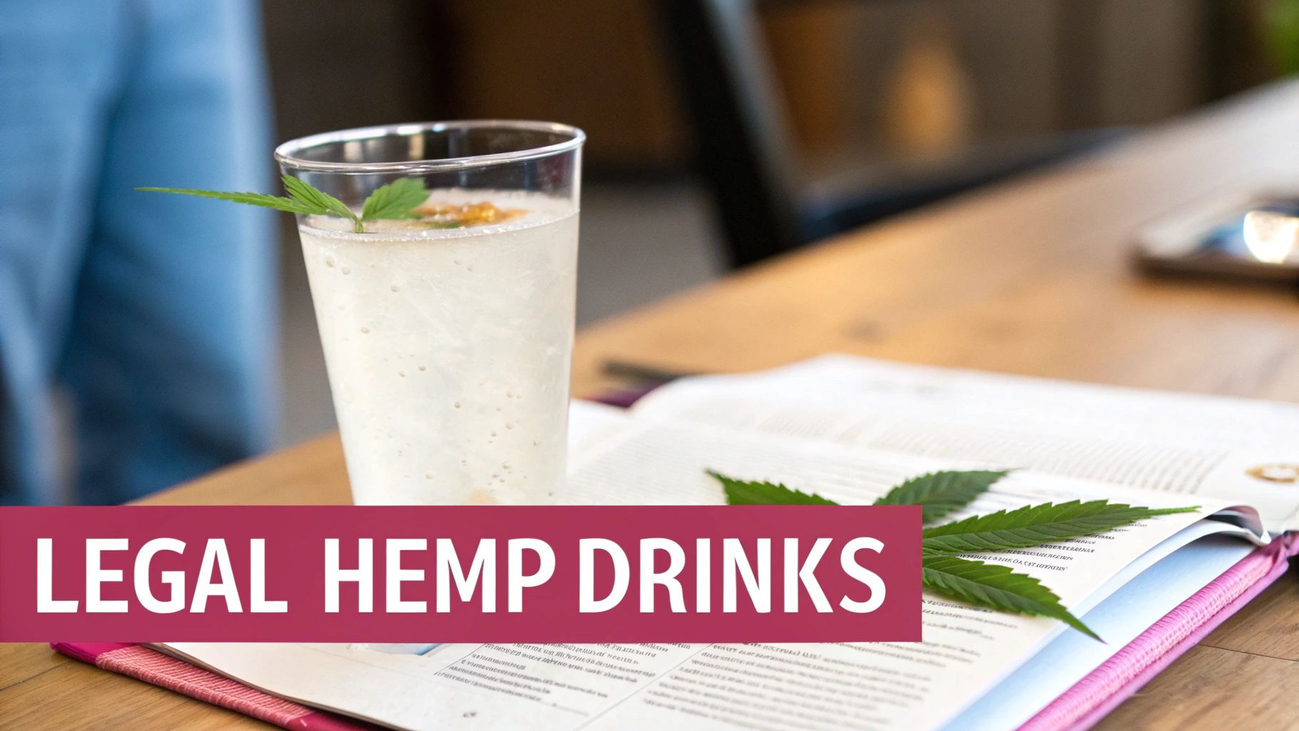 A glass of legal hemp drink garnished with a cannabis leaf on a wooden table next to an open book.