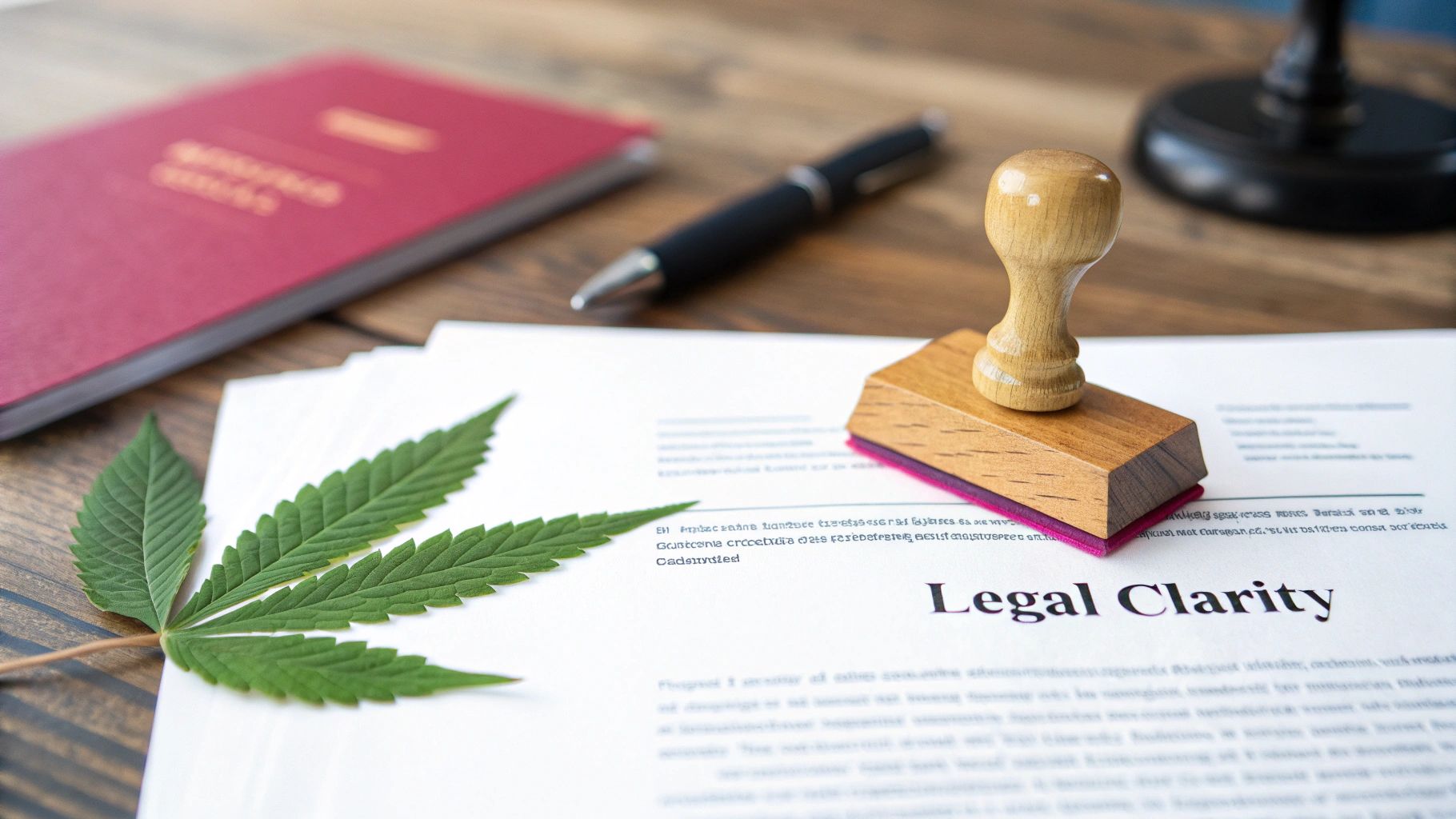 A cannabis leaf on legal documents with a stamp, pen, and book, signifying legal clarity.