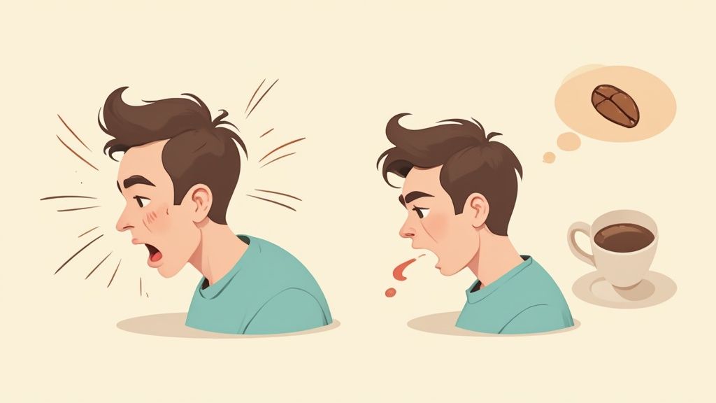 an illustration of a man's face looking disgusted by coffee and coffee beans