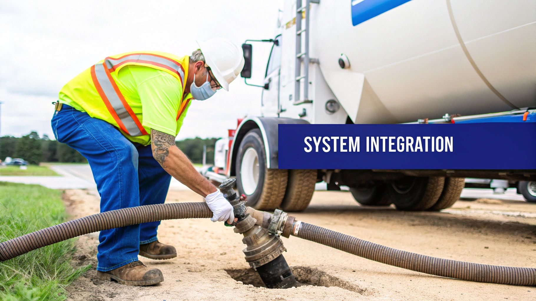 Construction worker in PPE connecting a flexible vacuum hose to a ground fitting near a large tanker truck.