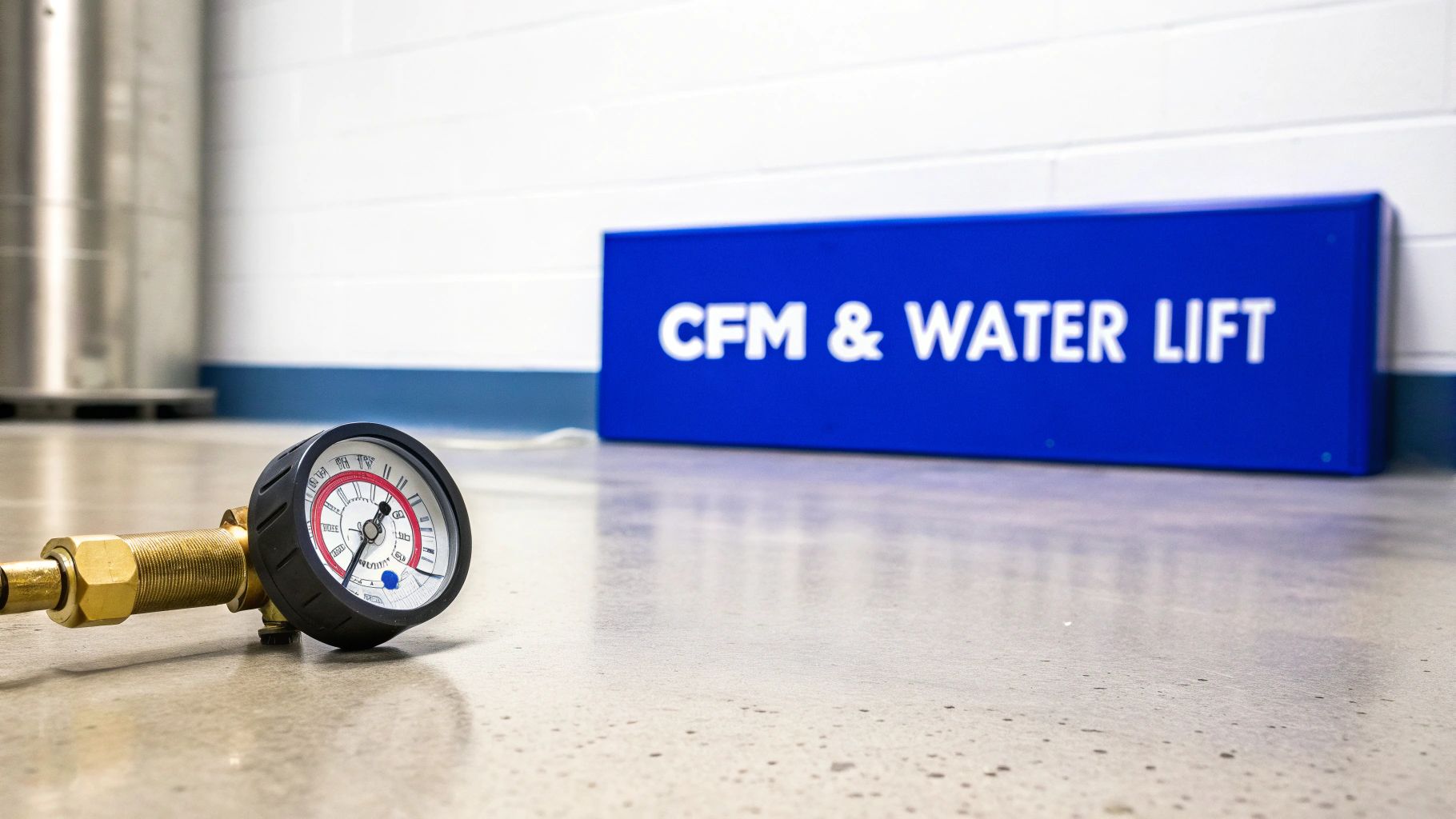 A brass and black pressure gauge rests on a concrete floor, with a blue sign reading "CFM & WATER LIFT" in the background.