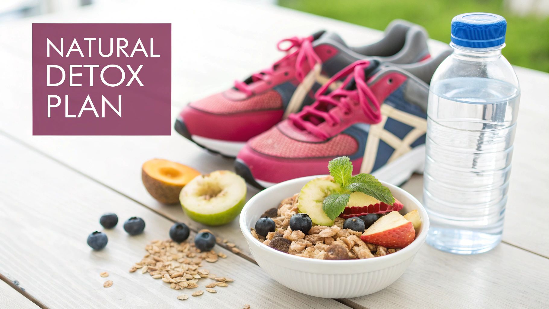 A natural detox plan featuring healthy breakfast cereal, fresh fruit, water, and running shoes.