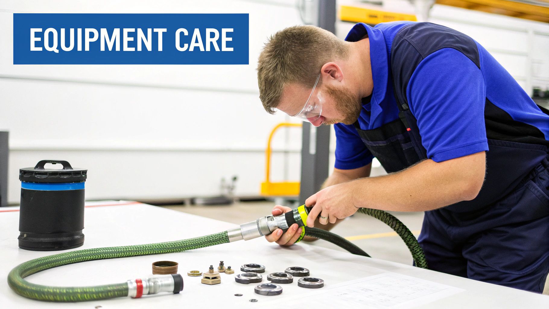 A technician in safety glasses performing maintenance on a heavy-duty hose and components, focusing on equipment care.