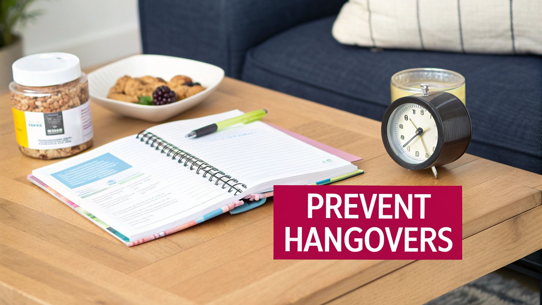 A cozy scene with an open notebook, snacks, an alarm clock, and candle on a wooden table.