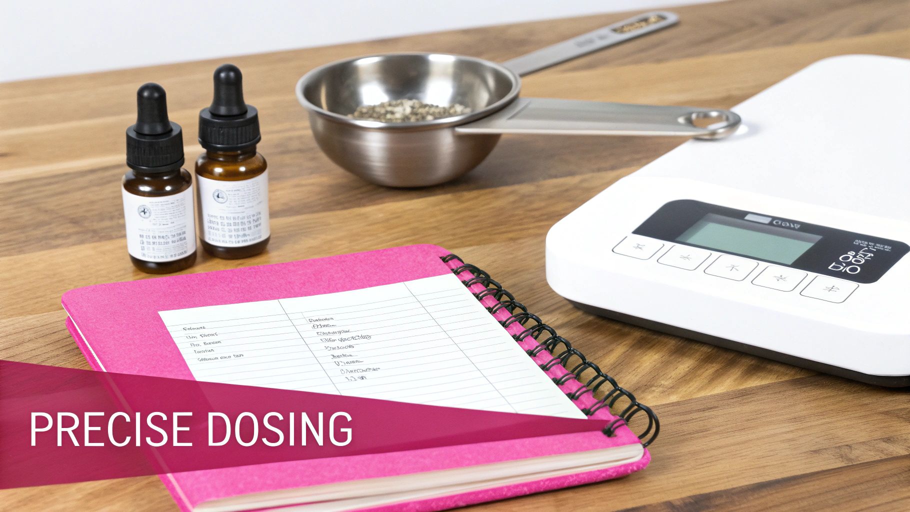 Equipment for precise dosing, including a digital scale, measuring scoop, and dropper bottles, on a wooden table.