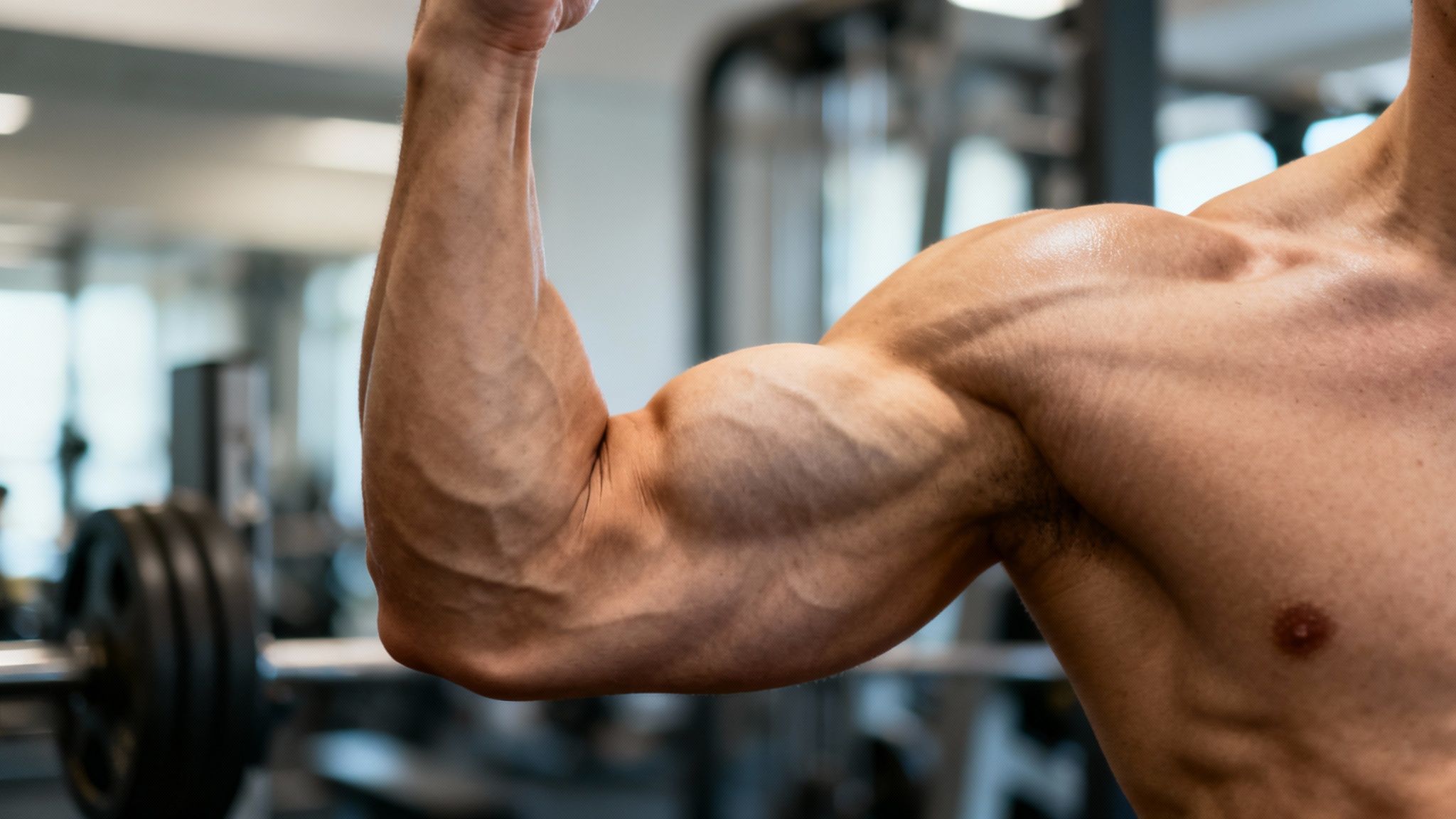 Person flexing their bicep after a workout, feeling recovered.