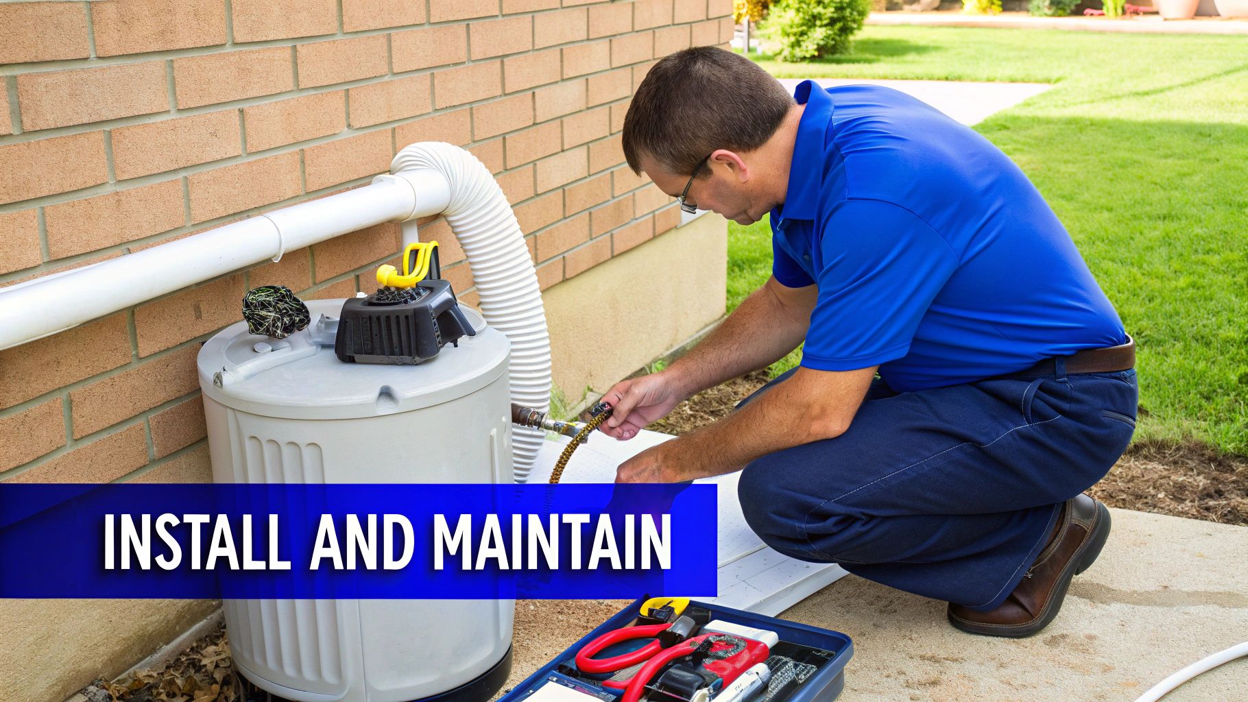 A technician in a blue shirt is installing or maintaining an outdoor water heater unit.