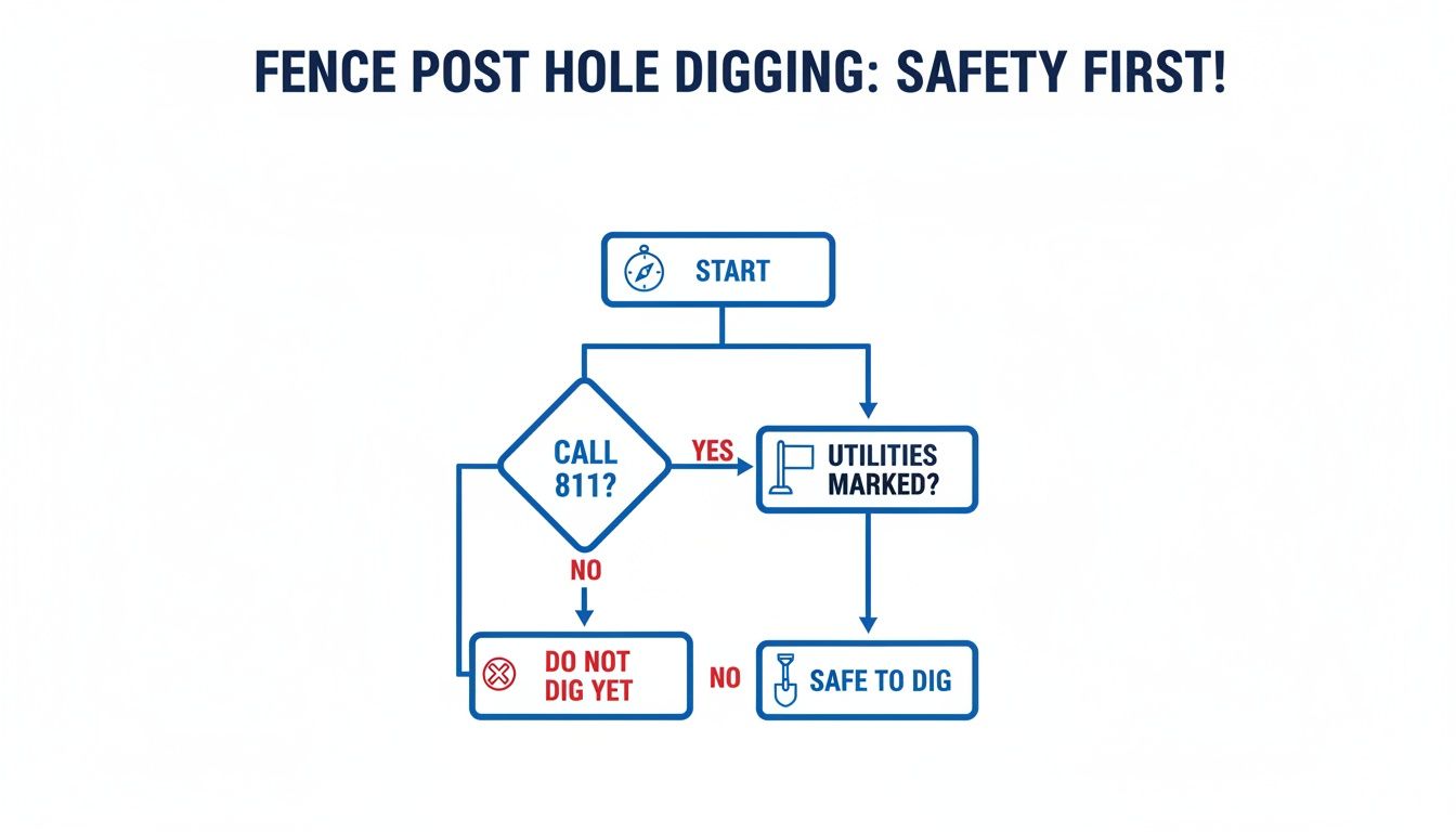 A flowchart demonstrating safety steps for fence post hole digging, emphasizing calling 811 first.