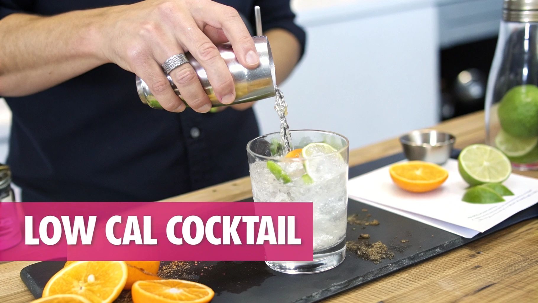 A low calorie mixed drink with citrus slices and herbs sits on a dark surface.