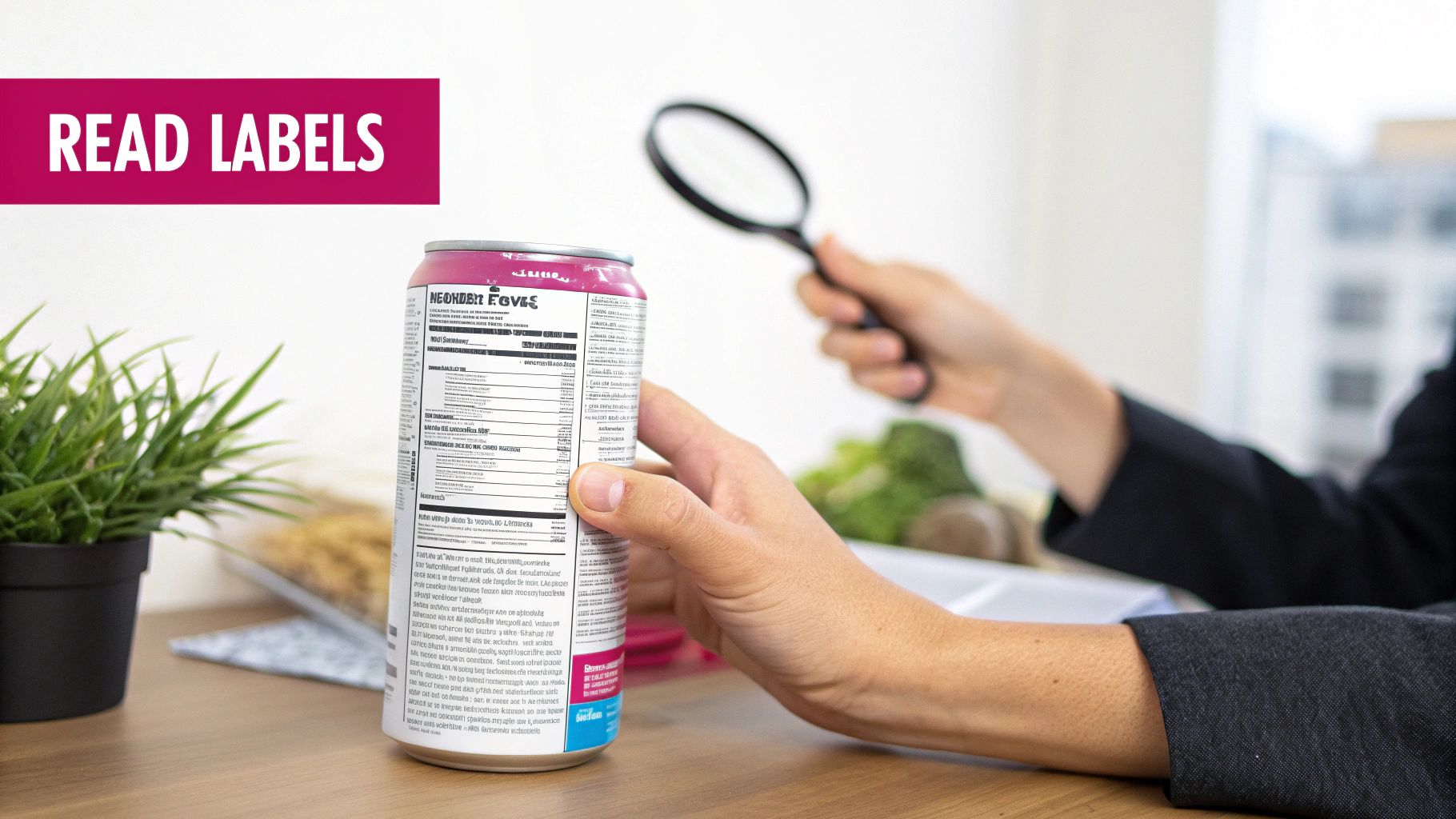 Person using magnifying glass to read nutrition label on beverage can at desk