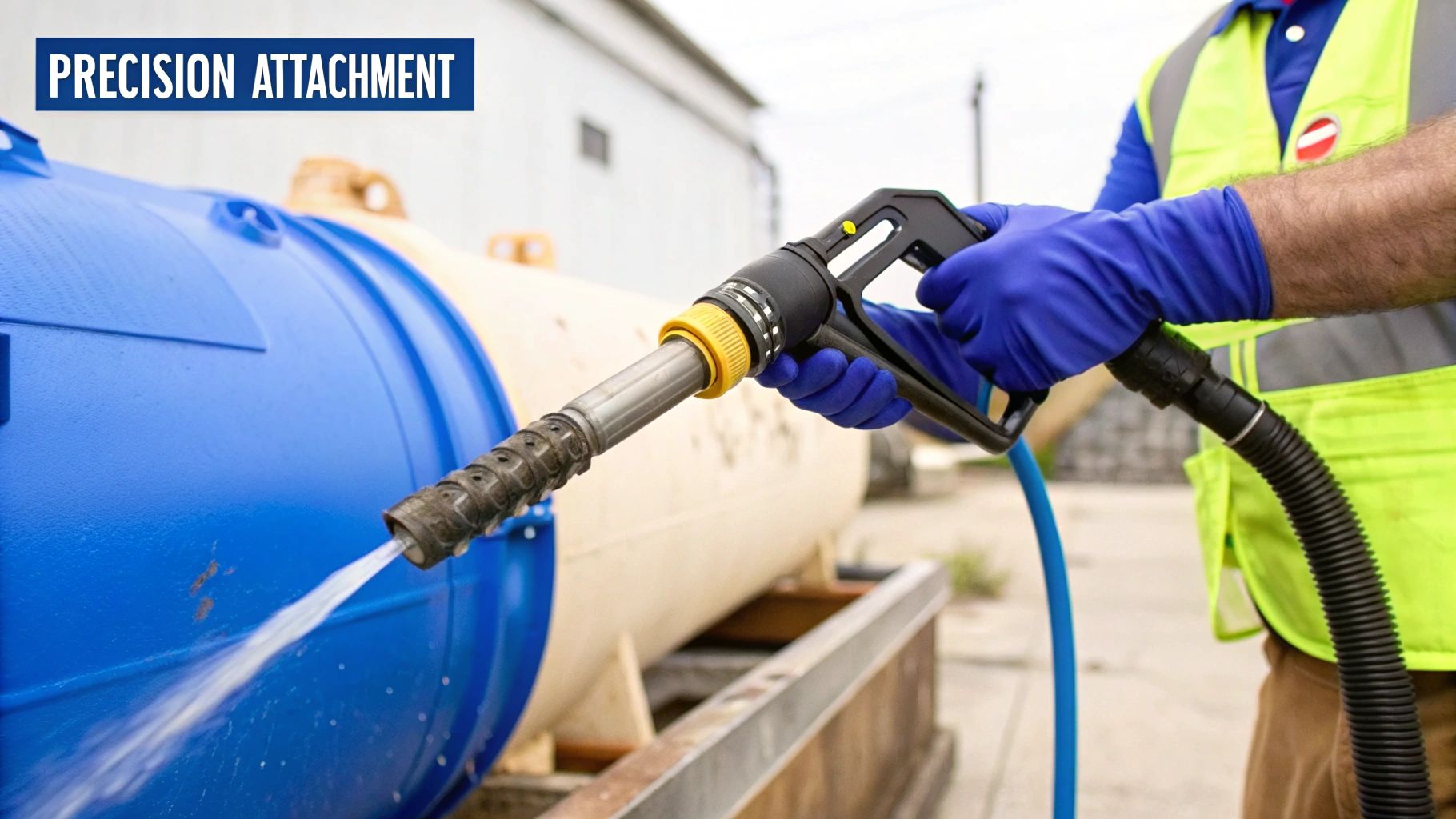 A worker in blue gloves uses a precision attachment to spray water onto a large blue pipe.