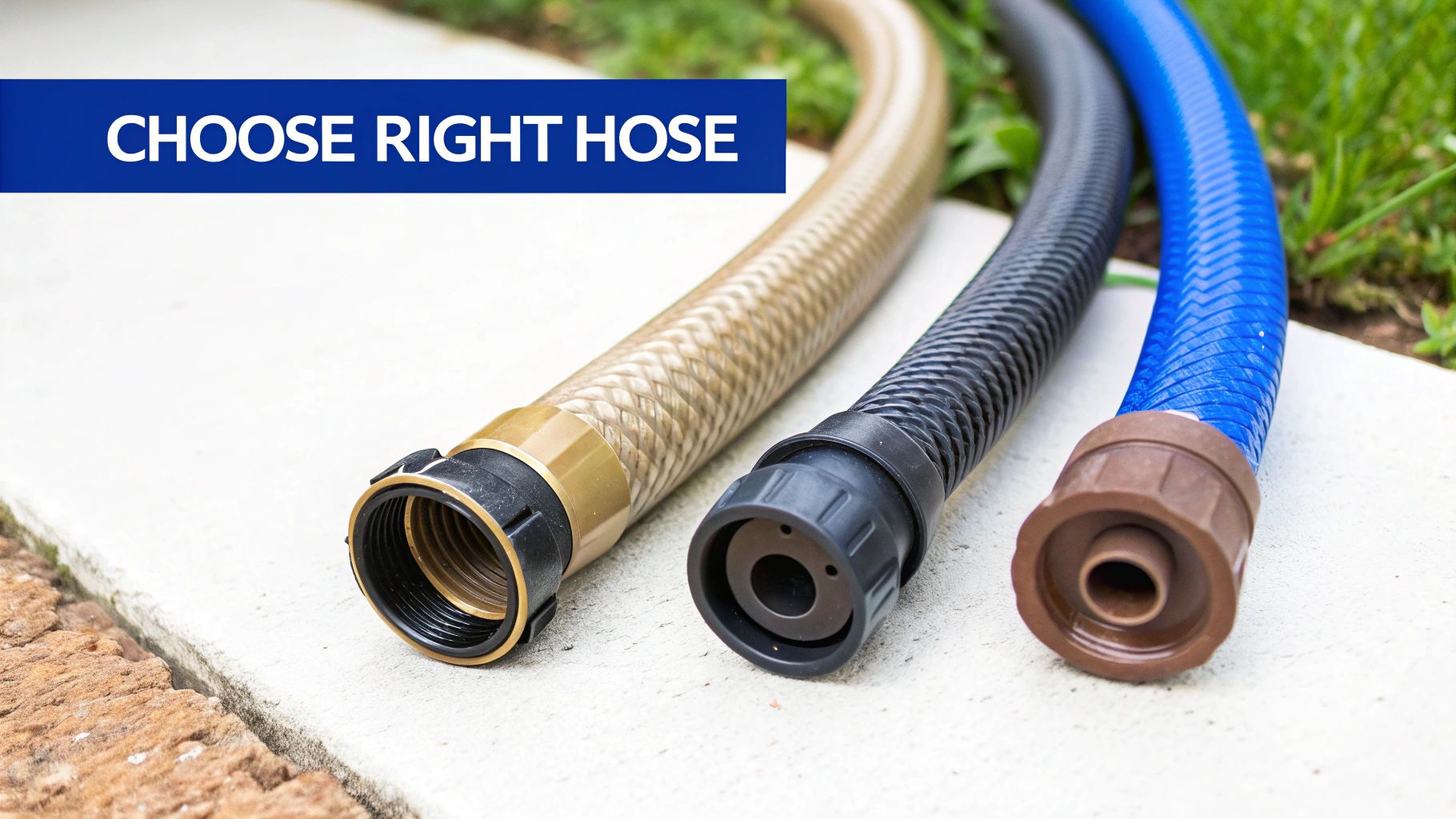 Three different types of garden hoses (gold, black, blue) with varied textures and connectors, and 'Choose Right Hose' text.