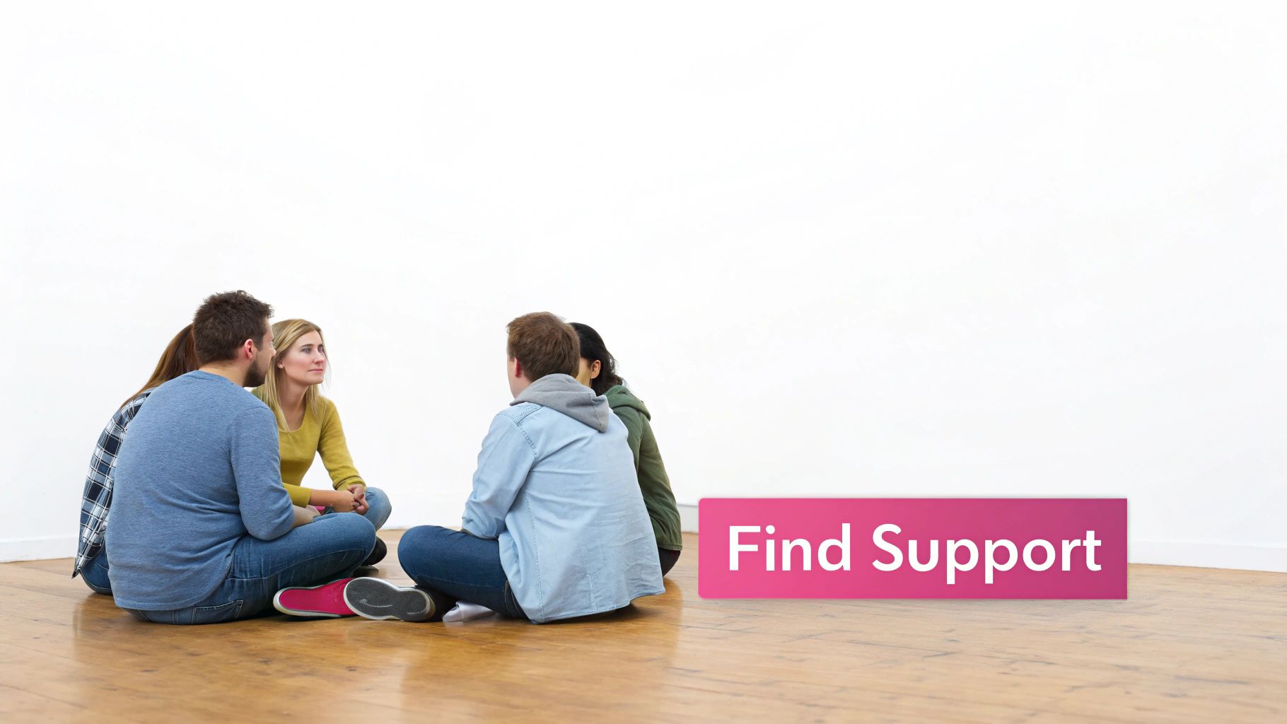 Group of diverse young adults sitting in a circle on a wooden floor, discussing, with a 'Find Support' banner.