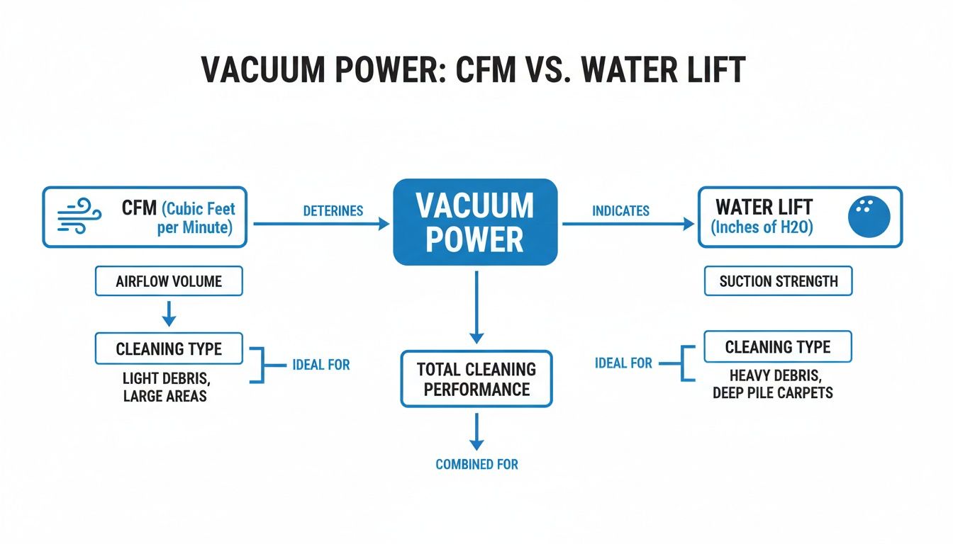 Flowchart explaining vacuum power: CFM (airflow volume) for light debris and Water Lift (suction strength) for heavy debris.