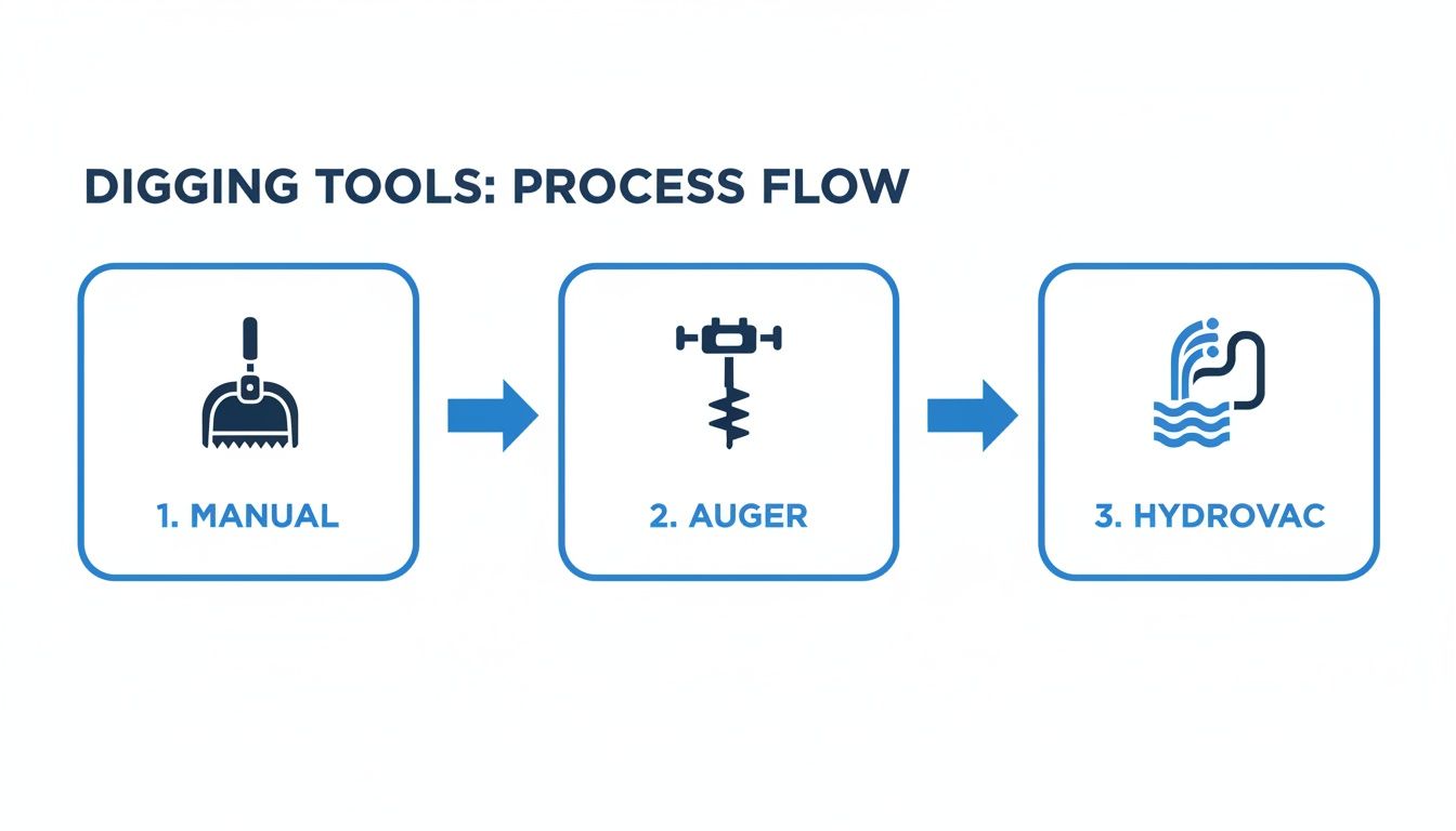 Flowchart illustrating the process of digging tools: manual shovel, auger, and hydrovac methods.