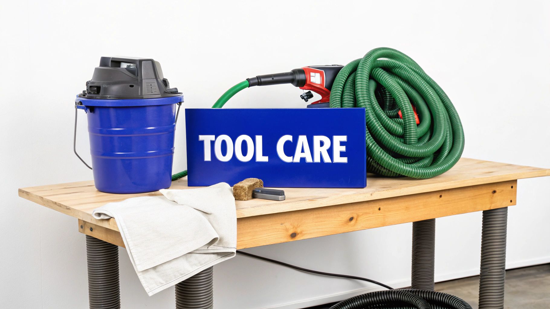 A shop vacuum, power tool, and coiled hose on a wooden workbench next to a 'TOOL CARE' sign.