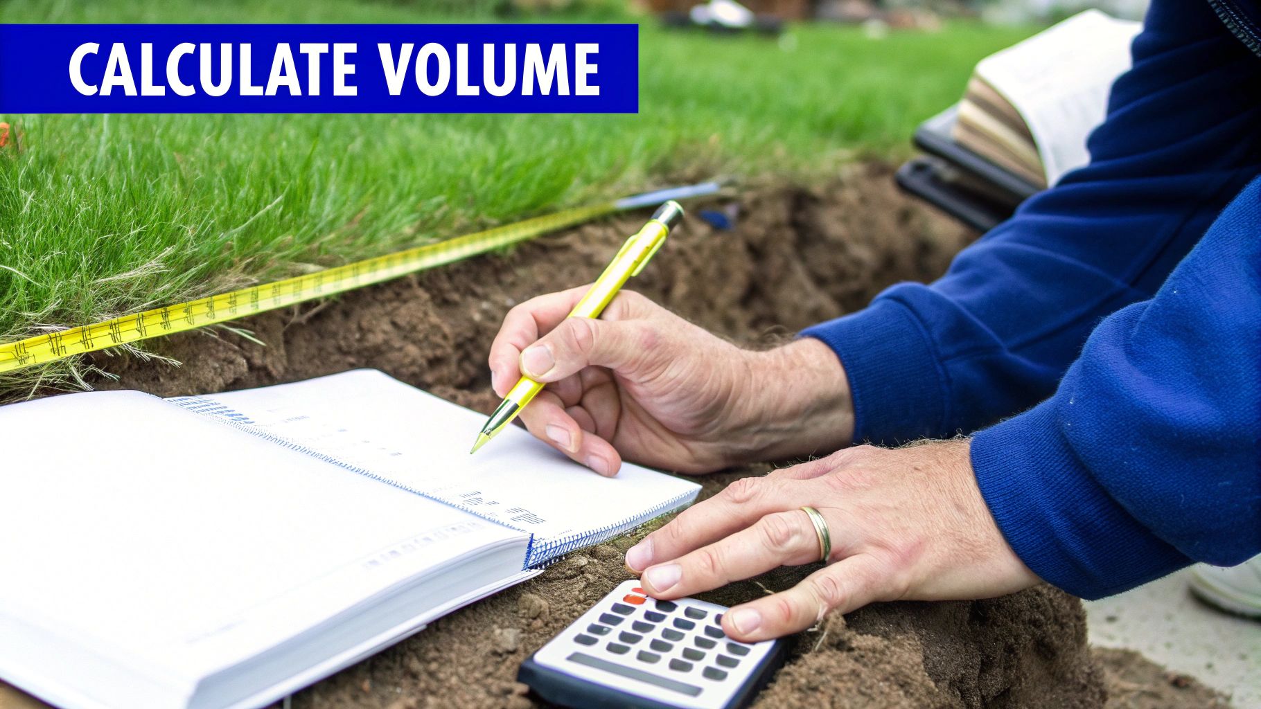 Person's hands using a pen, notebook, and calculator outdoors to measure and calculate volume.