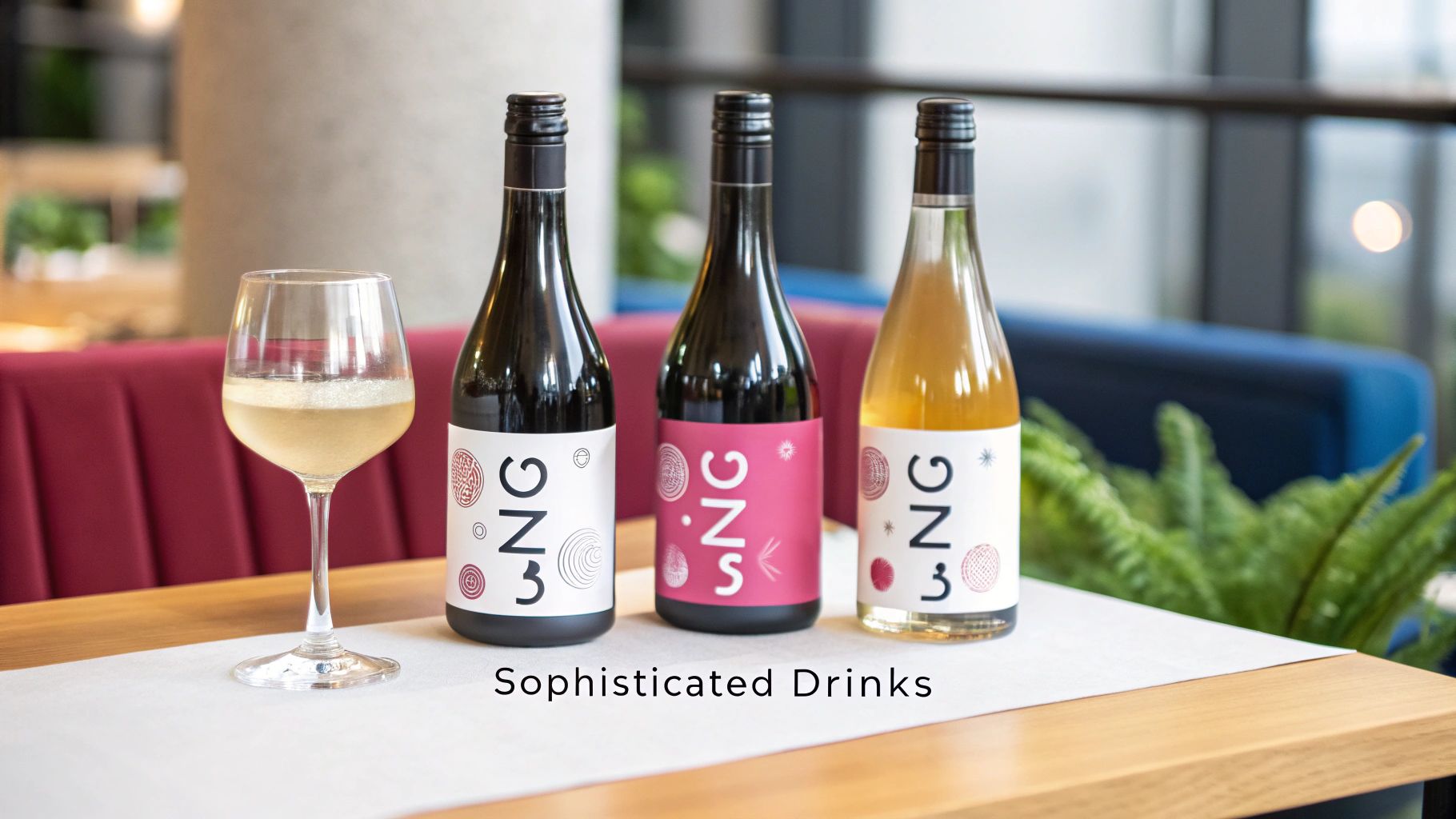 Three elegant wine bottles with colorful labels and a glass of white wine on a wooden table in a restaurant.